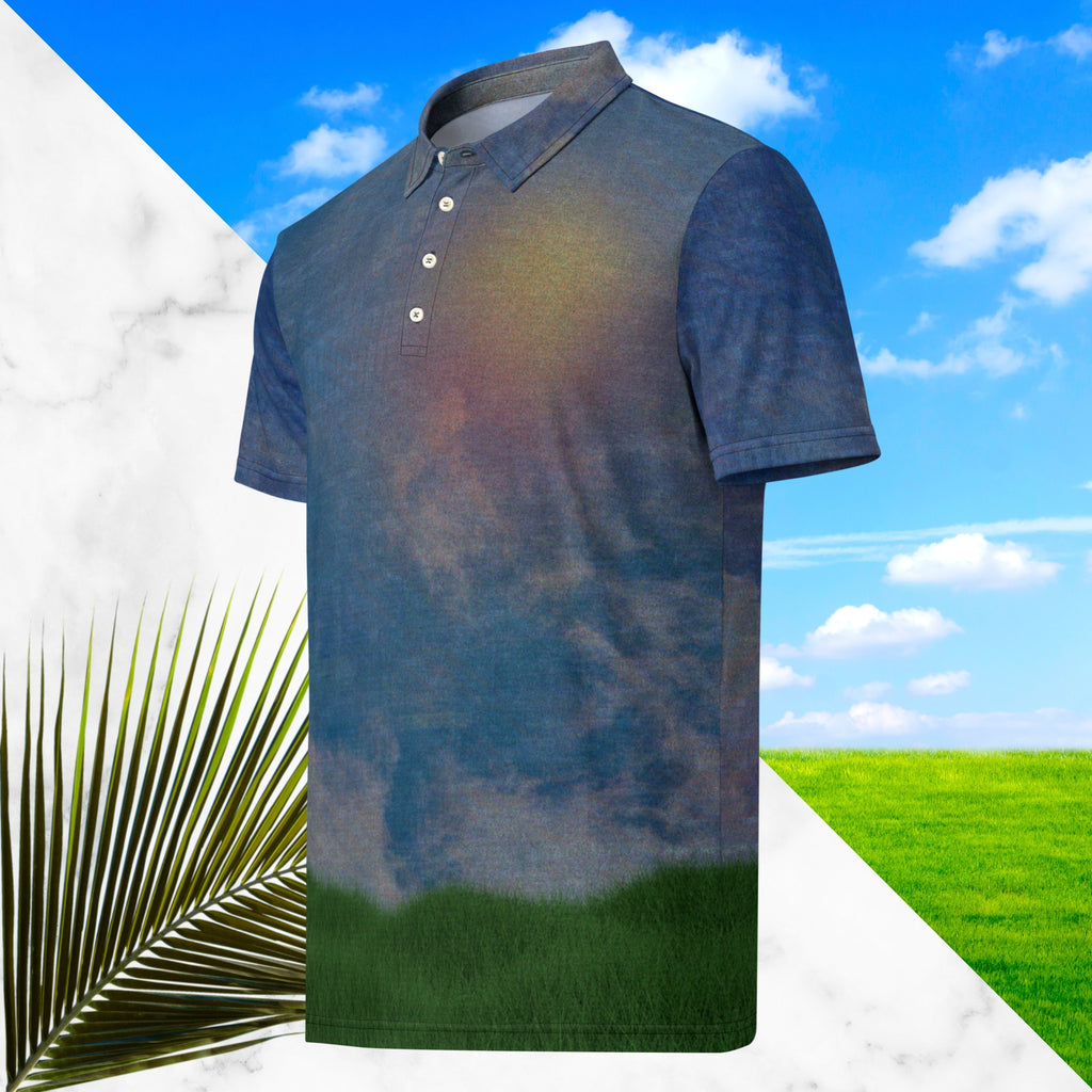 All over print frutiger aero themed blue sky clouds and grass polo shirt with retro digital effects tv distortion blue sky and white clouds with green grass at bottom abstract yellow and orange sun at left chest