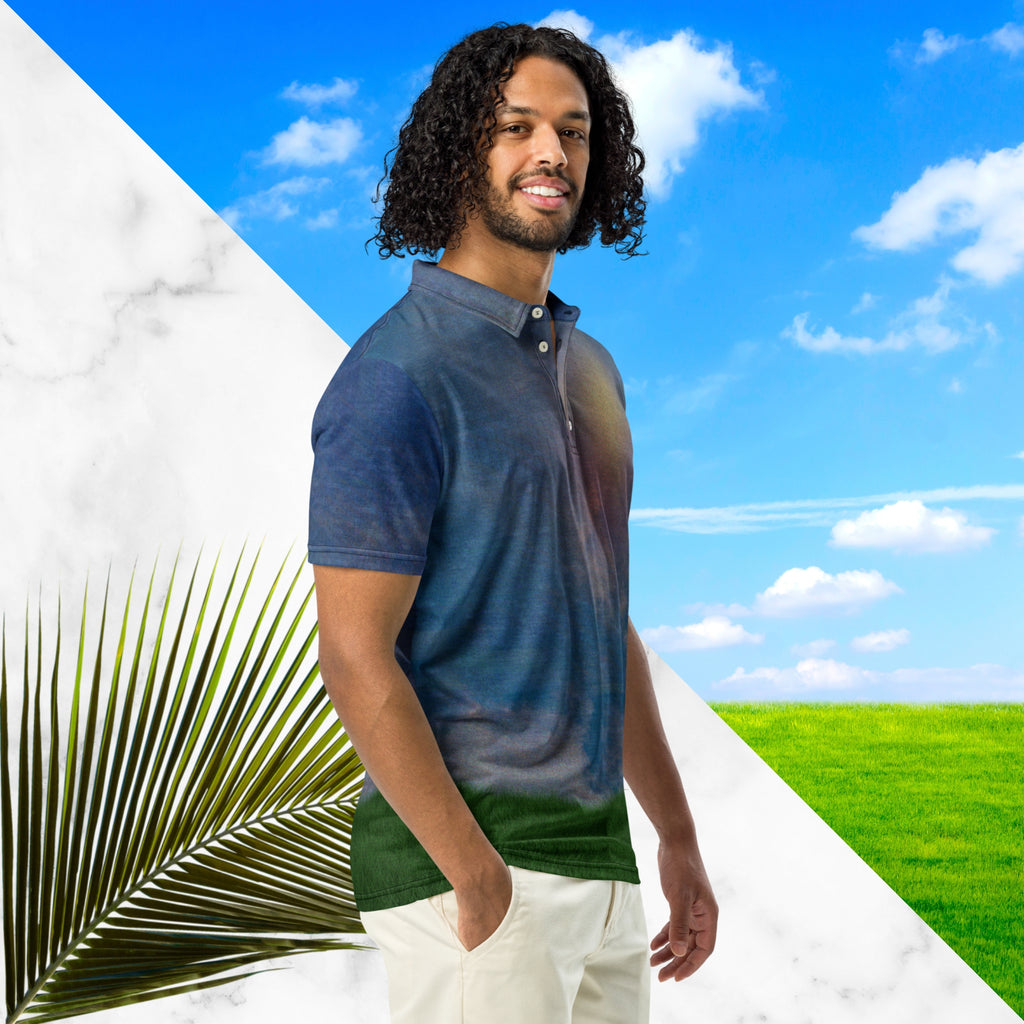 All over print frutiger aero themed blue sky clouds and grass polo shirt with retro digital effects tv distortion blue sky and white clouds with green grass at bottom abstract yellow and orange sun at left chest