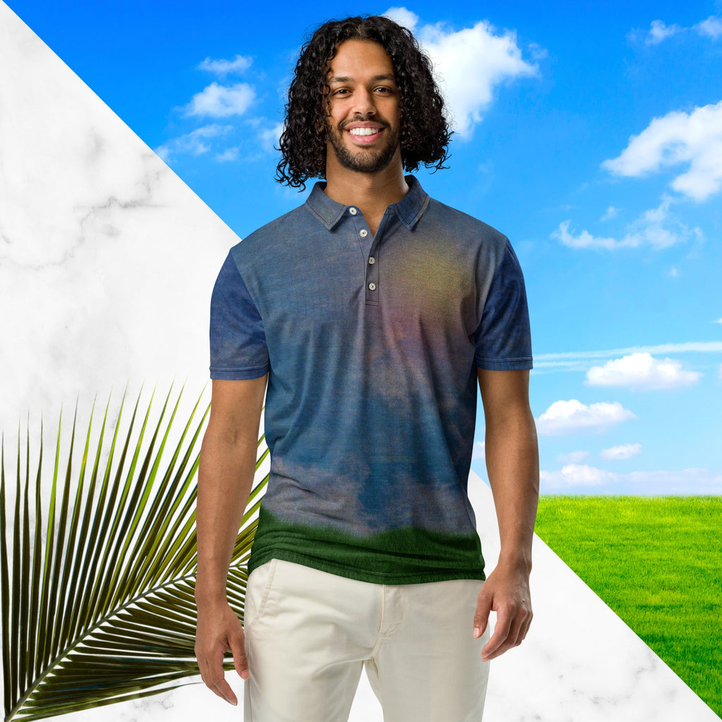 All over print frutiger aero themed blue sky clouds and grass polo shirt with retro digital effects tv distortion blue sky and white clouds with green grass at bottom abstract yellow and orange sun at left chest
