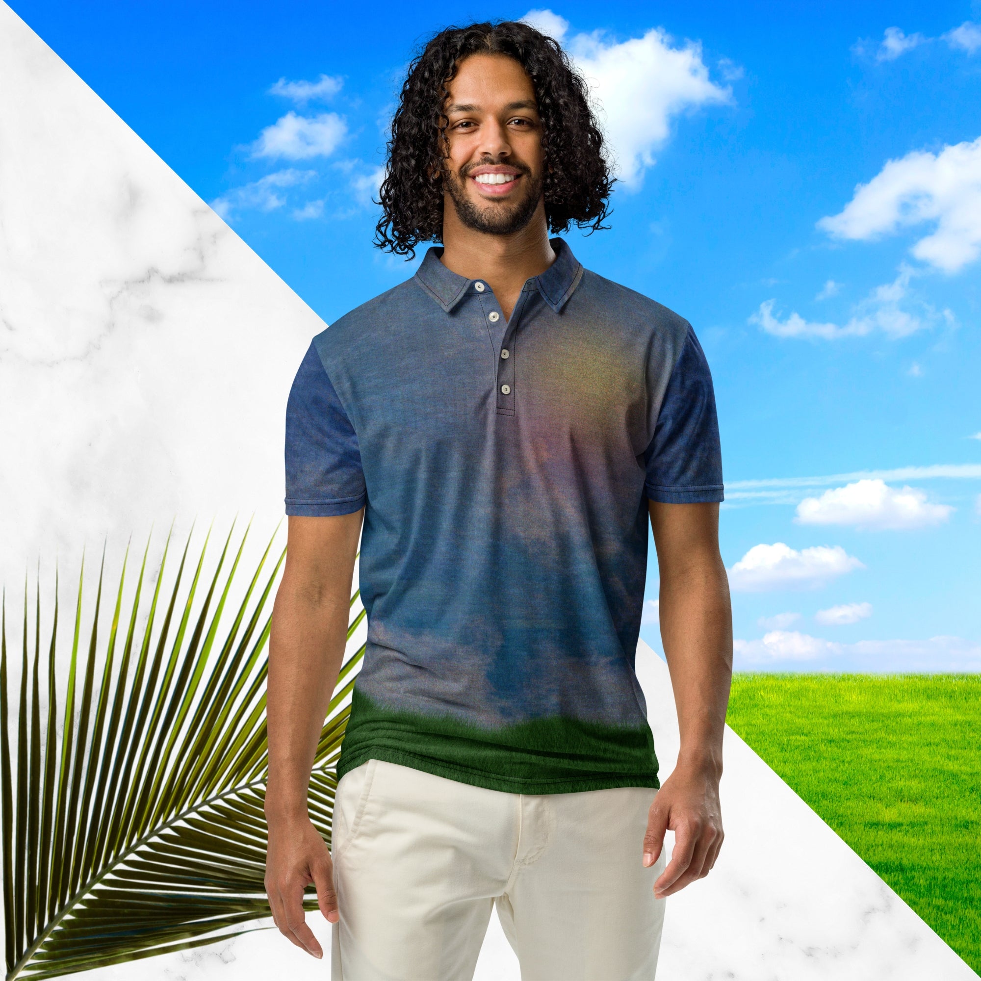 All over print frutiger aero themed blue sky clouds and grass polo shirt with retro digital effects tv distortion blue sky and white clouds with green grass at bottom abstract yellow and orange sun at left chest
