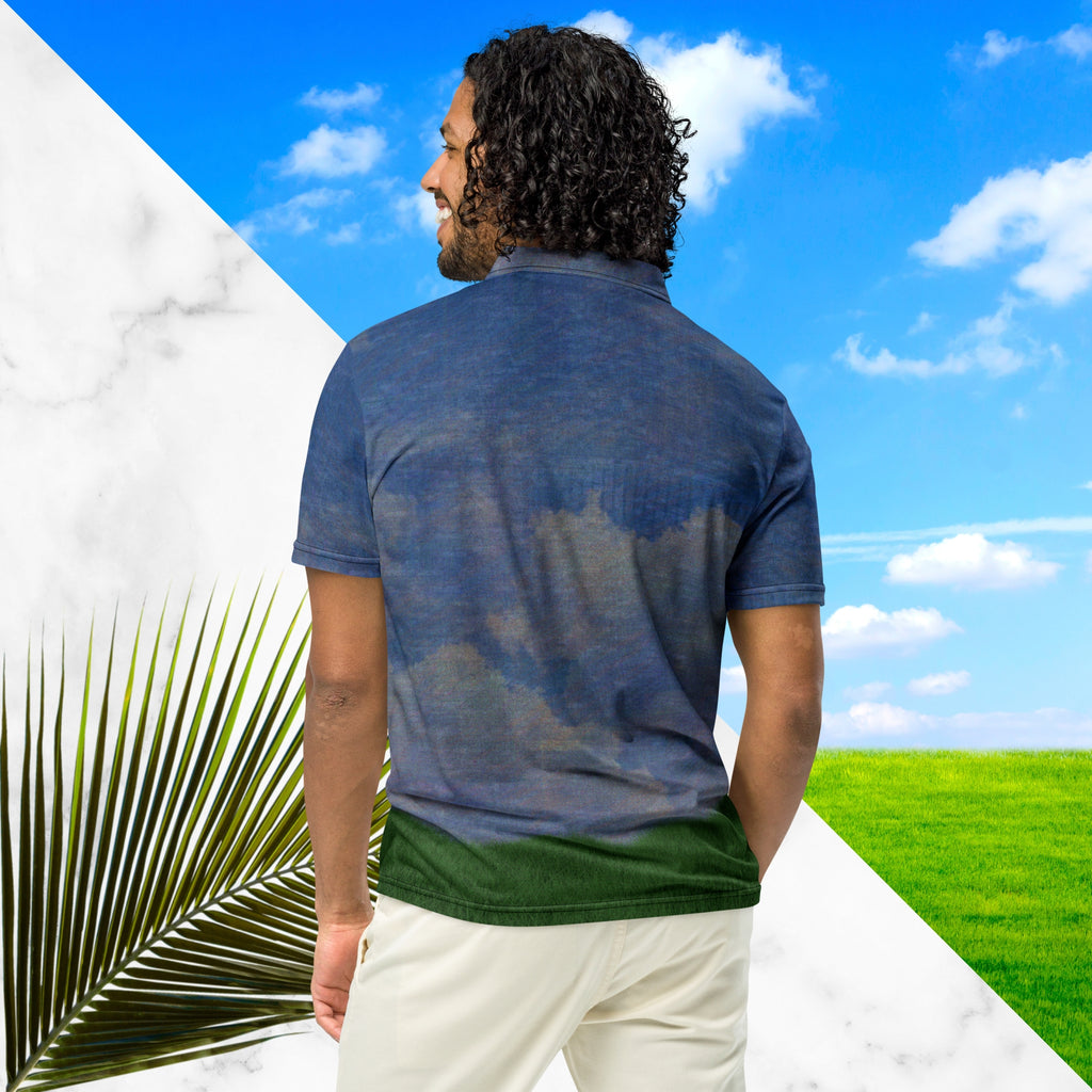 All over print frutiger aero themed blue sky clouds and grass polo shirt with retro digital effects tv distortion blue sky and white clouds with green grass at bottom abstract yellow and orange sun at left chest