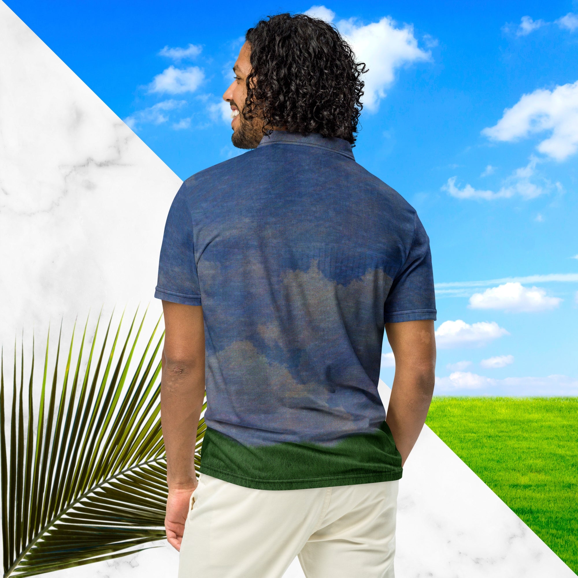 All over print frutiger aero themed blue sky clouds and grass polo shirt with retro digital effects tv distortion blue sky and white clouds with green grass at bottom abstract yellow and orange sun at left chest