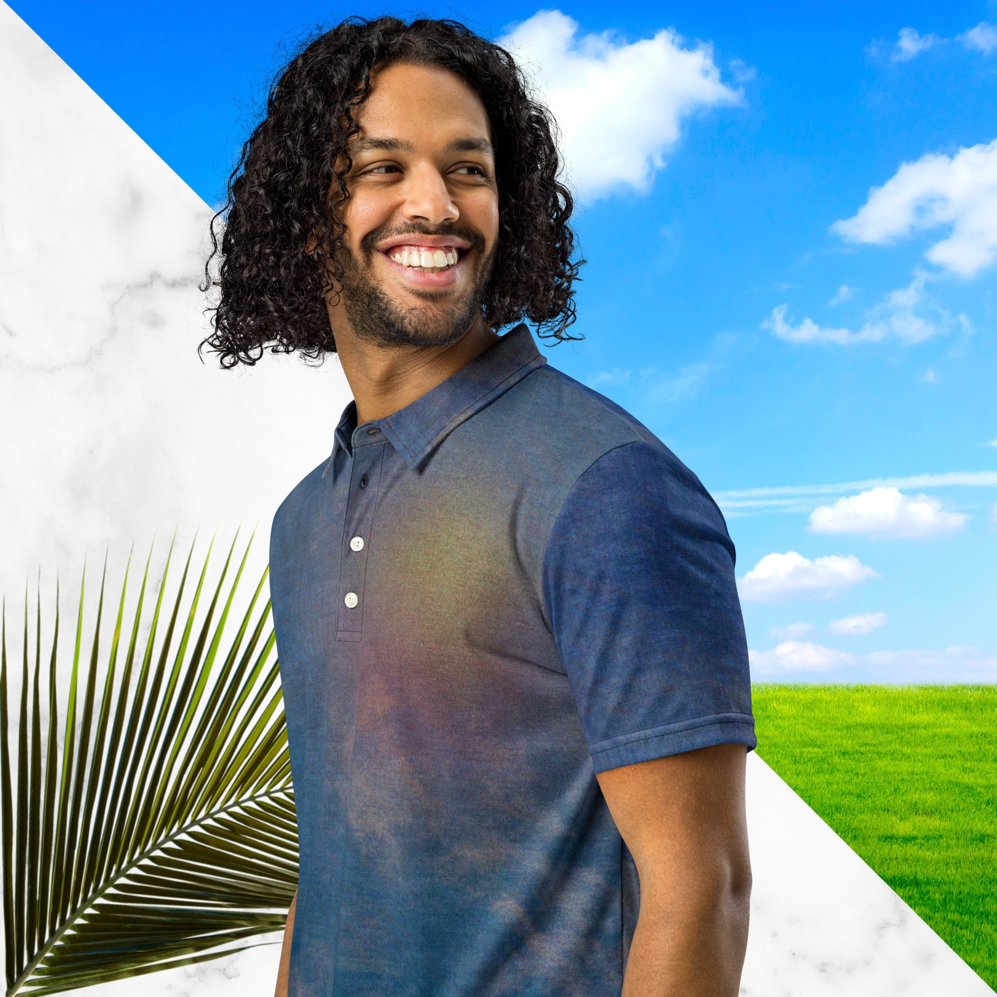 All over print frutiger aero themed blue sky clouds and grass polo shirt with retro digital effects tv distortion blue sky and white clouds with green grass at bottom abstract yellow and orange sun at left chest