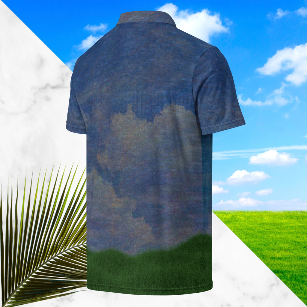 All over print frutiger aero themed blue sky clouds and grass polo shirt with retro digital effects tv distortion blue sky and white clouds with green grass at bottom abstract yellow and orange sun at left chest