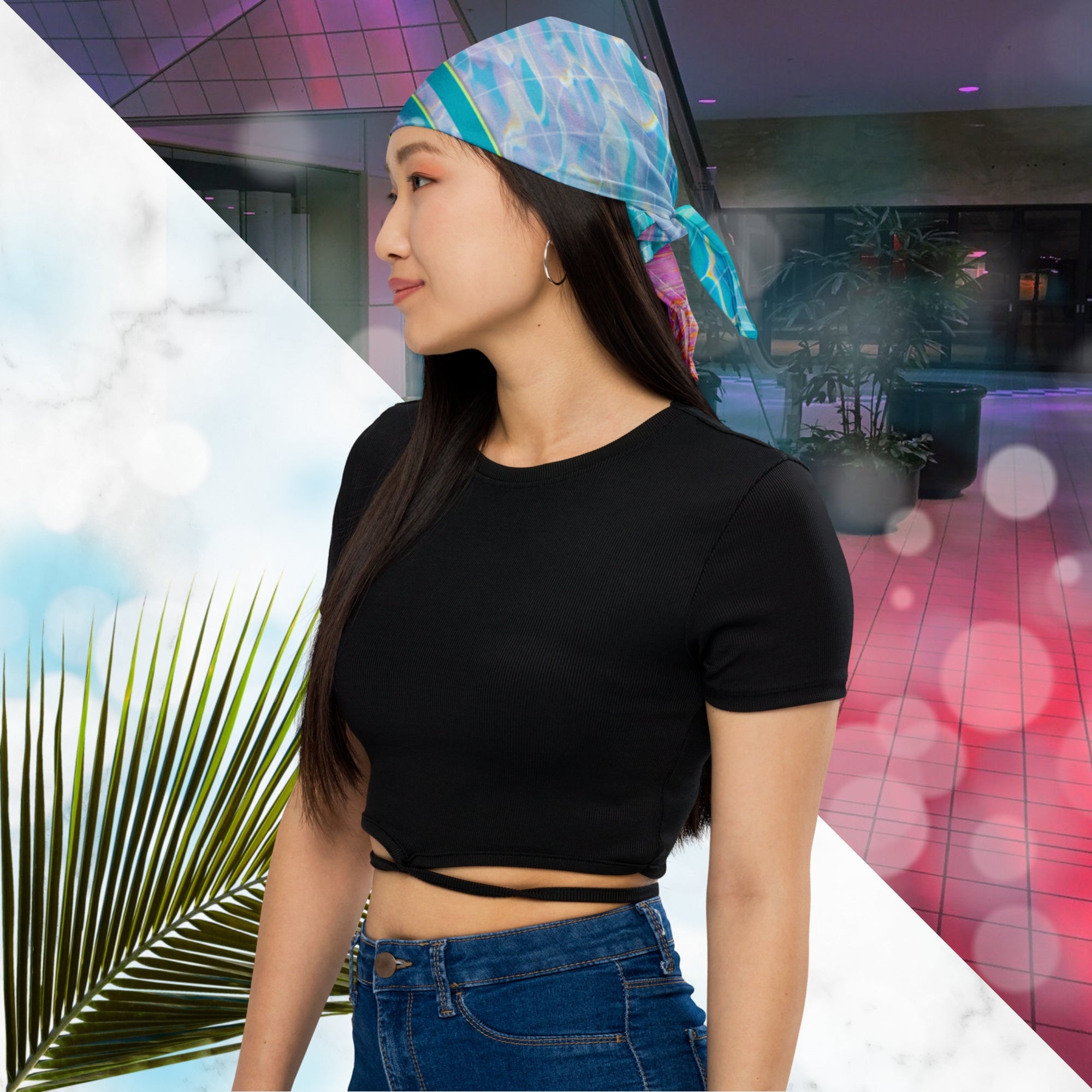 Full color all over print track jacket depicting blue water reflecting the colors of the sunset in oranges and pinks intensifying towards the top overlayed with a transparent thin white grid with tropical plant silhouettes of tropical plants creating stripe effects on sleeves with Neon Pools vaporwave sun emblem on left chest area