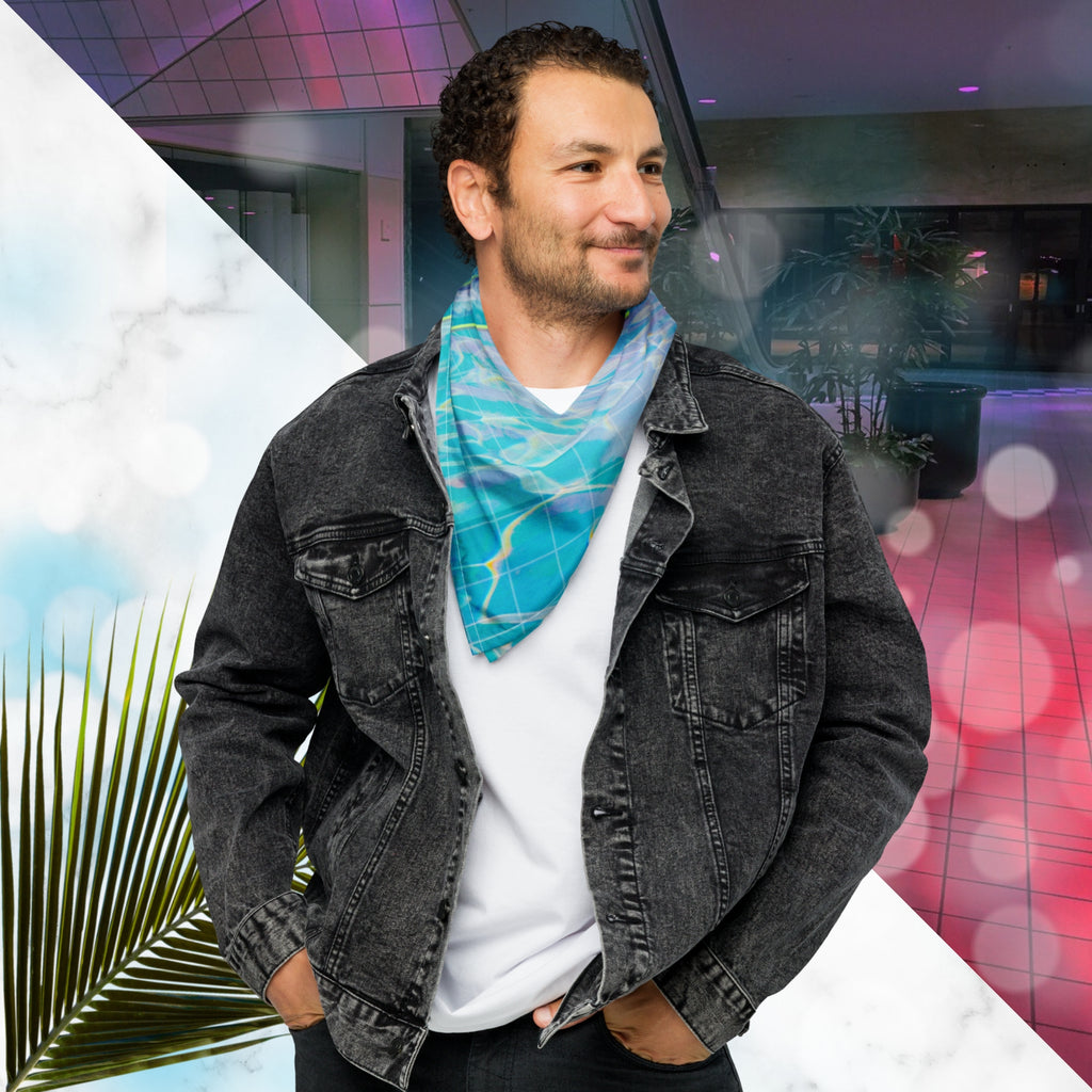 Full color all over print track jacket depicting blue water reflecting the colors of the sunset in oranges and pinks intensifying towards the top overlayed with a transparent thin white grid with tropical plant silhouettes of tropical plants creating stripe effects on sleeves with Neon Pools vaporwave sun emblem on left chest area