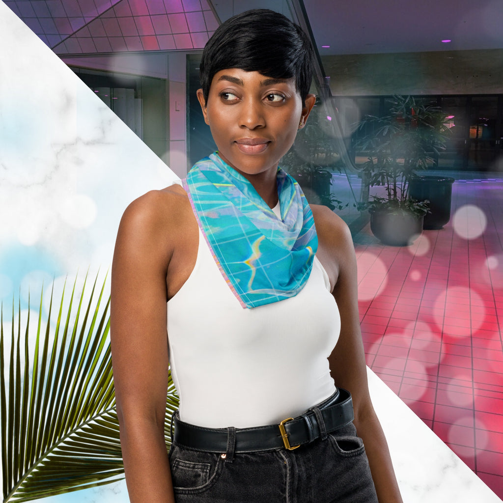 Full color all over print track jacket depicting blue water reflecting the colors of the sunset in oranges and pinks intensifying towards the top overlayed with a transparent thin white grid with tropical plant silhouettes of tropical plants creating stripe effects on sleeves with Neon Pools vaporwave sun emblem on left chest area