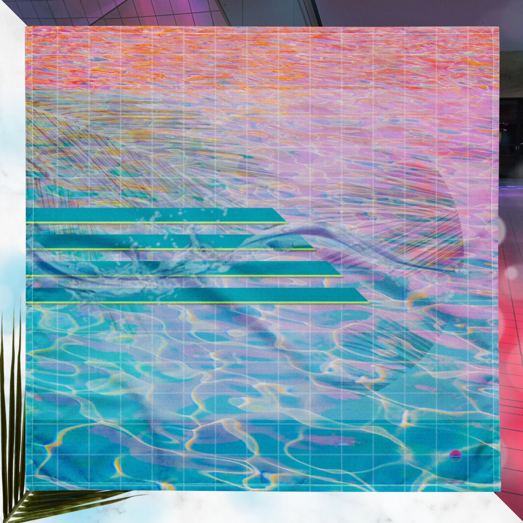 Full color all over print track jacket depicting blue water reflecting the colors of the sunset in oranges and pinks intensifying towards the top overlayed with a transparent thin white grid with tropical plant silhouettes of tropical plants creating stripe effects on sleeves with Neon Pools vaporwave sun emblem on left chest area