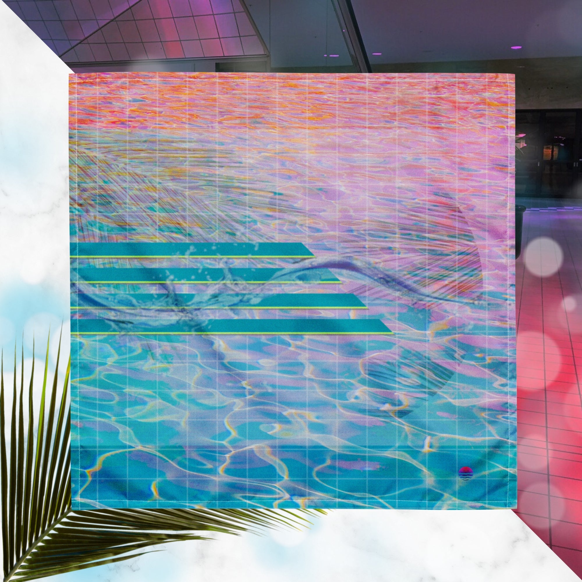 Full color all over print track jacket depicting blue water reflecting the colors of the sunset in oranges and pinks intensifying towards the top overlayed with a transparent thin white grid with tropical plant silhouettes of tropical plants creating stripe effects on sleeves with Neon Pools vaporwave sun emblem on left chest area