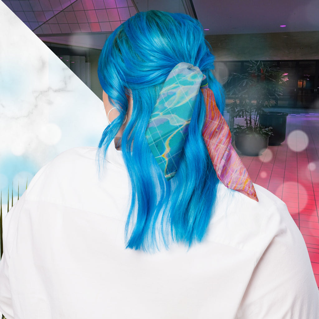 Full color all over print track jacket depicting blue water reflecting the colors of the sunset in oranges and pinks intensifying towards the top overlayed with a transparent thin white grid with tropical plant silhouettes of tropical plants creating stripe effects on sleeves with Neon Pools vaporwave sun emblem on left chest area