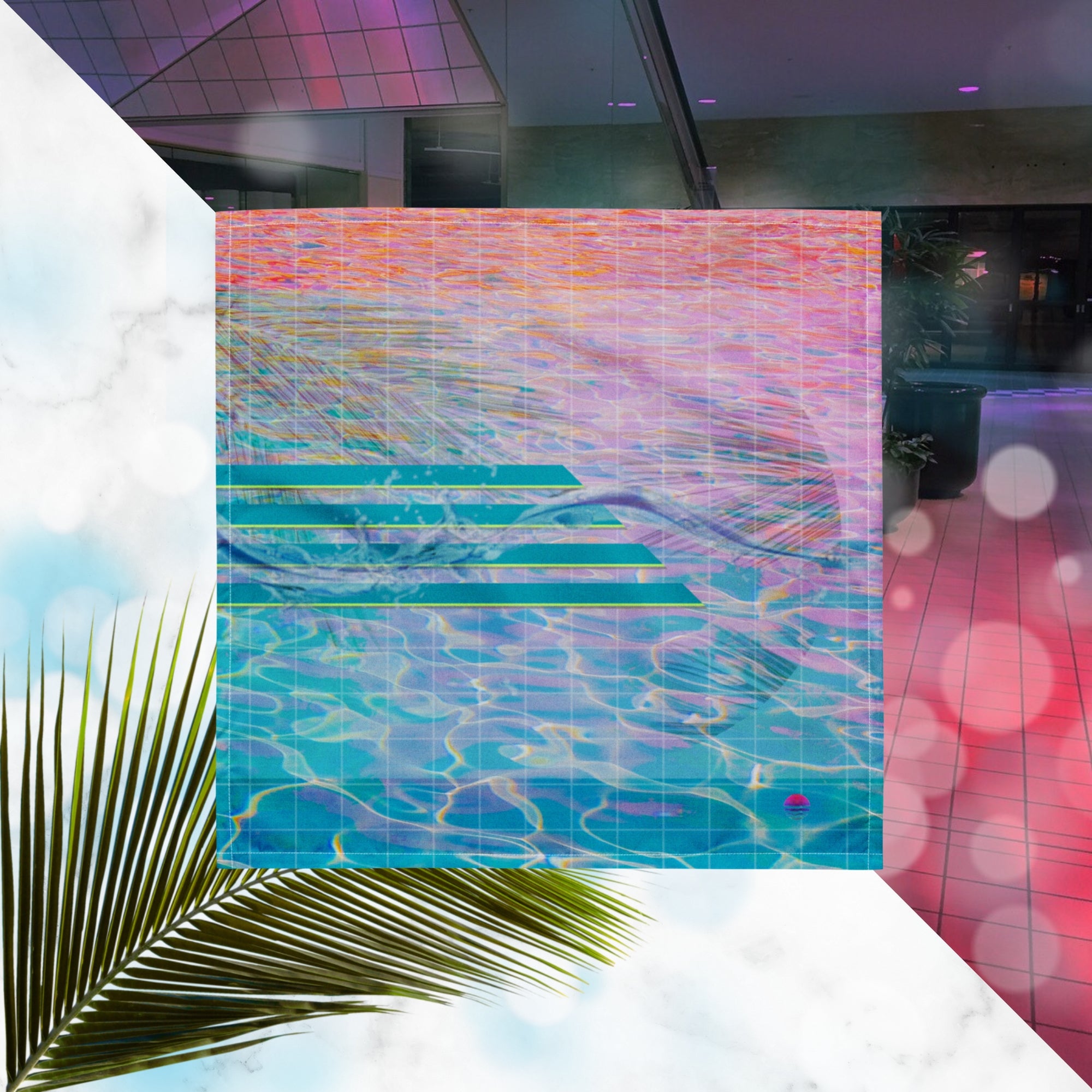 Full color all over print track jacket depicting blue water reflecting the colors of the sunset in oranges and pinks intensifying towards the top overlayed with a transparent thin white grid with tropical plant silhouettes of tropical plants creating stripe effects on sleeves with Neon Pools vaporwave sun emblem on left chest area