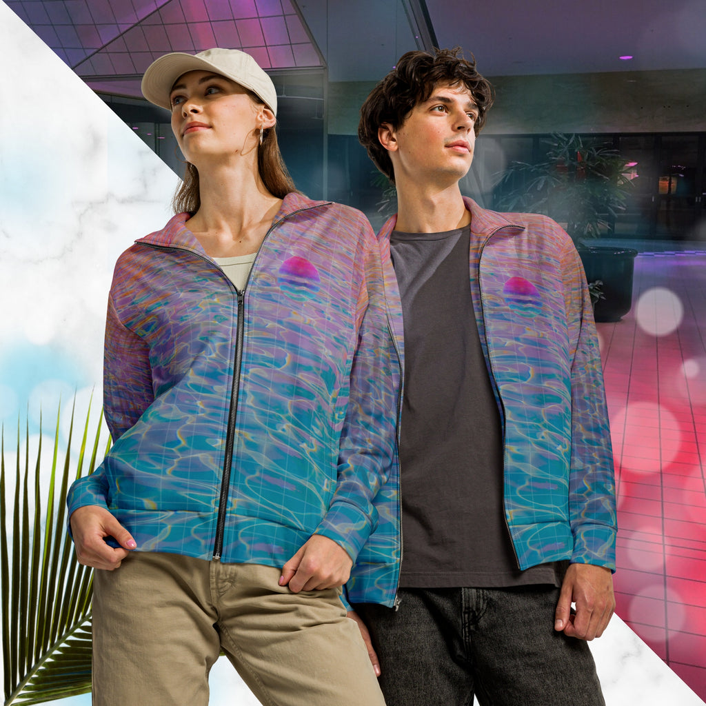Multicolored all over print track jacket depicting blue water reflecting the colors of the sunset in oranges and pinks intensifying towards the top overlayed with a transparent thin white grid with tropical plant silhouettes of tropical plants creating stripe effects on sleeves with Neon Pools vaporwave sun emblem on left chest area