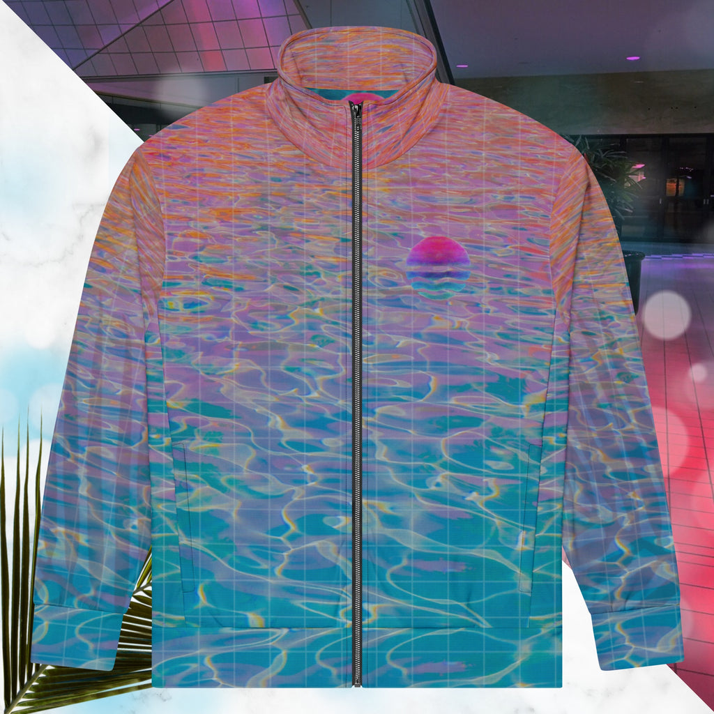 Multicolored all over print track jacket depicting blue water reflecting the colors of the sunset in oranges and pinks intensifying towards the top overlayed with a transparent thin white grid with tropical plant silhouettes of tropical plants creating stripe effects on sleeves with Neon Pools vaporwave sun emblem on left chest area