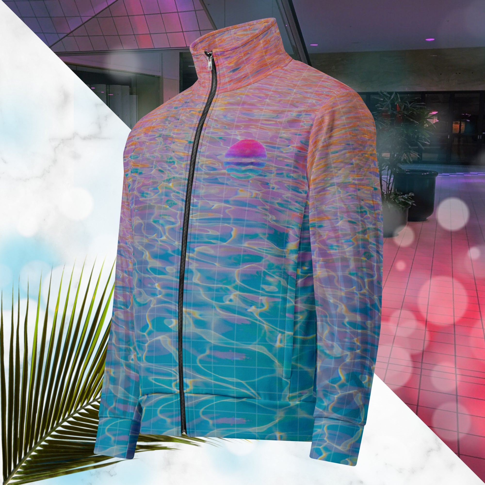 Multicolored all over print track jacket depicting blue water reflecting the colors of the sunset in oranges and pinks intensifying towards the top overlayed with a transparent thin white grid with tropical plant silhouettes of tropical plants creating stripe effects on sleeves with Neon Pools vaporwave sun emblem on left chest area