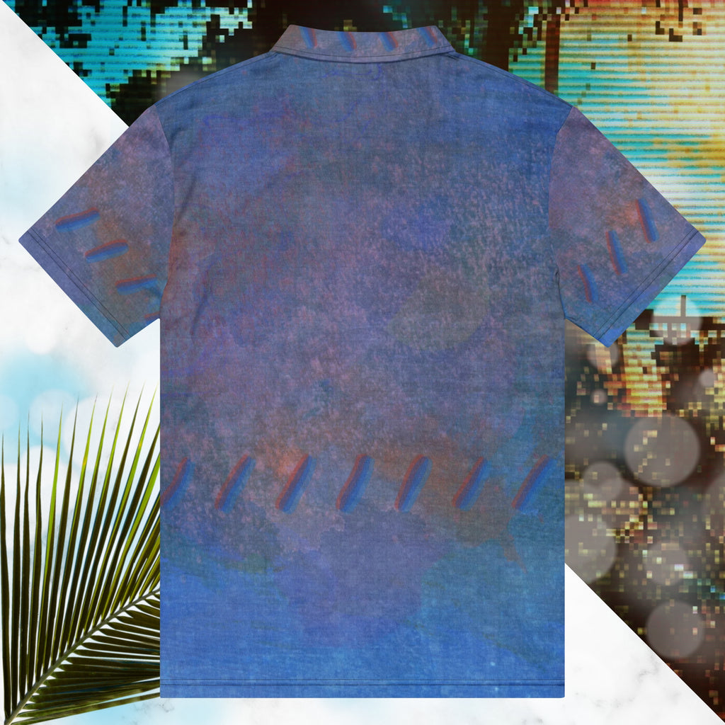Primarily blue all over print polo shirt with accents of orange and violet with an abstract pattern resembling a painted canvas viewed through an old CRT TV set with a and of out of focus slashes across the mid torso and around the sleeves