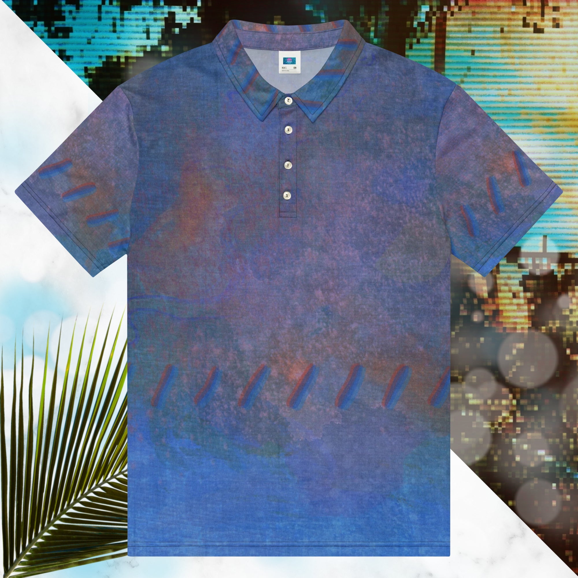 Primarily blue all over print polo shirt with accents of orange and violet with an abstract pattern resembling a painted canvas viewed through an old CRT TV set with a and of out of focus slashes across the mid torso and around the sleeves