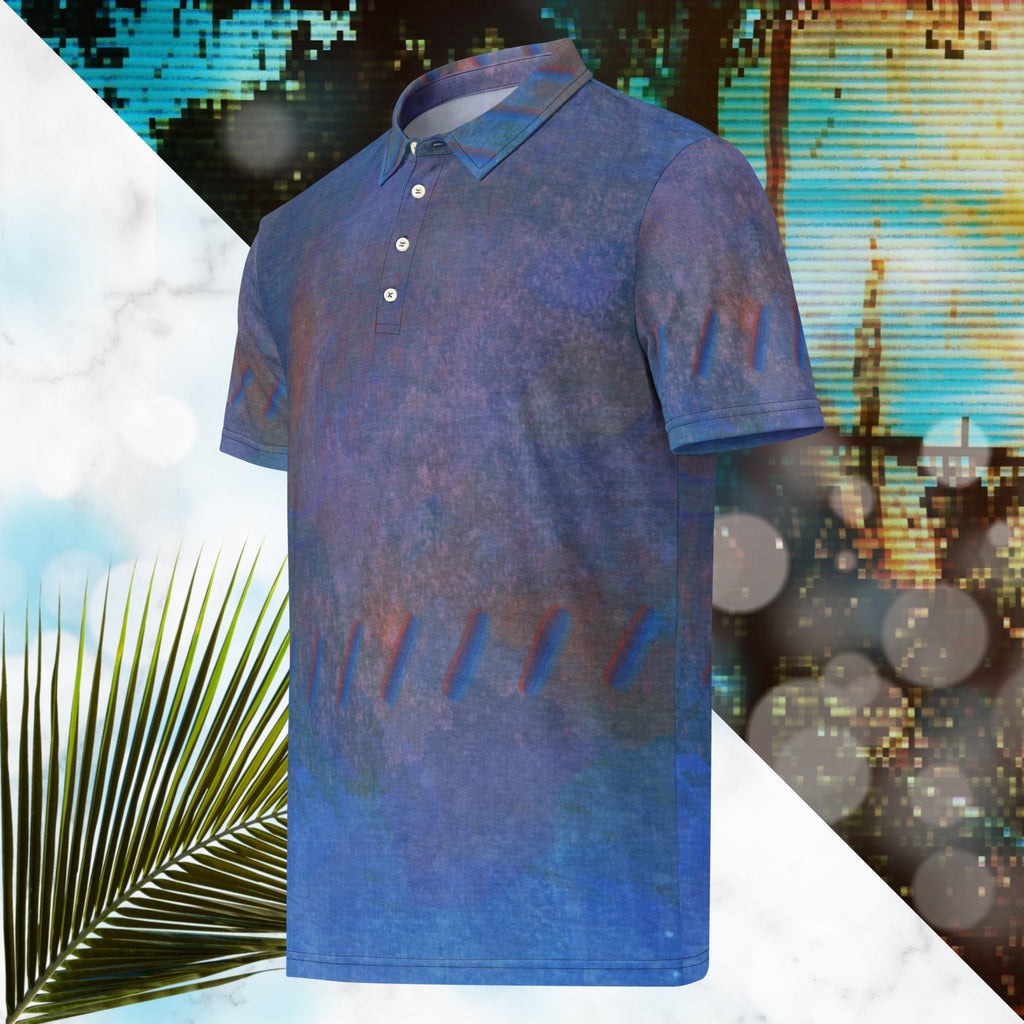 Primarily blue all over print polo shirt with accents of orange and violet with an abstract pattern resembling a painted canvas viewed through an old CRT TV set with a and of out of focus slashes across the mid torso and around the sleeves