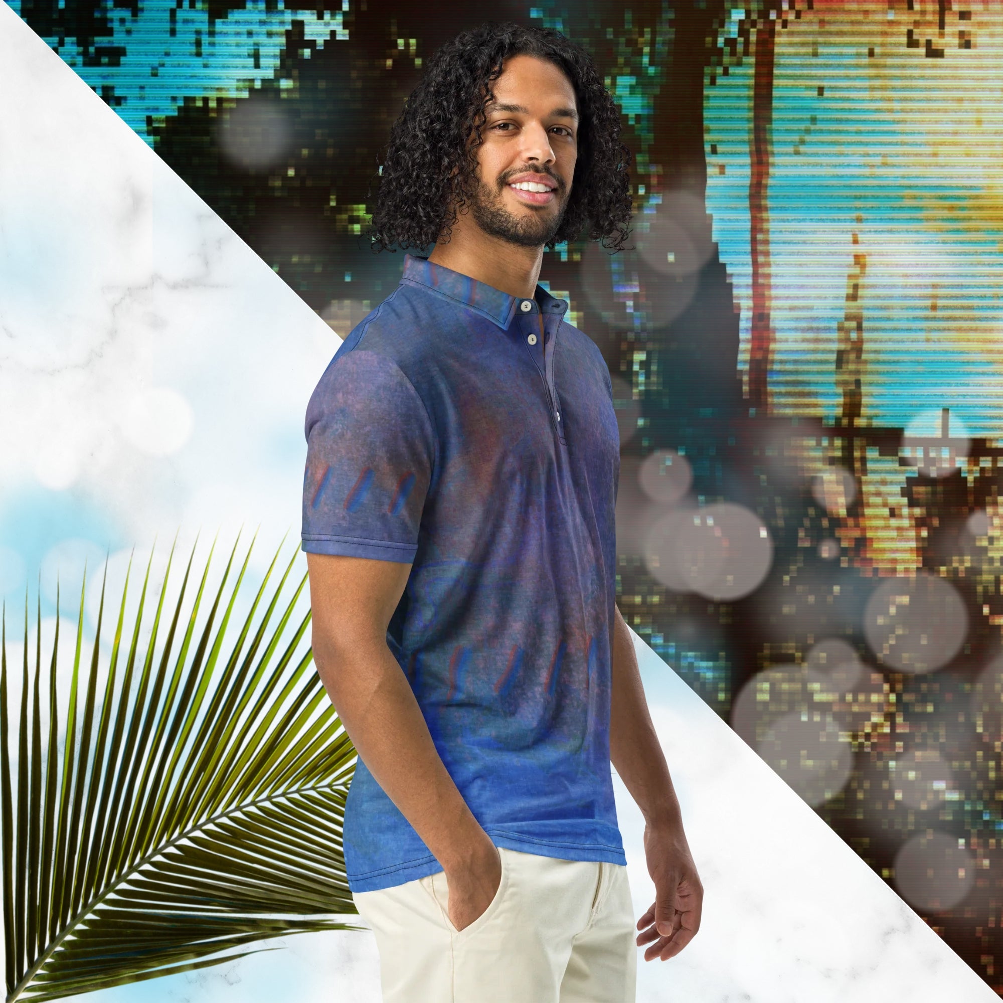 Primarily blue all over print polo shirt with accents of orange and violet with an abstract pattern resembling a painted canvas viewed through an old CRT TV set with a and of out of focus slashes across the mid torso and around the sleeves