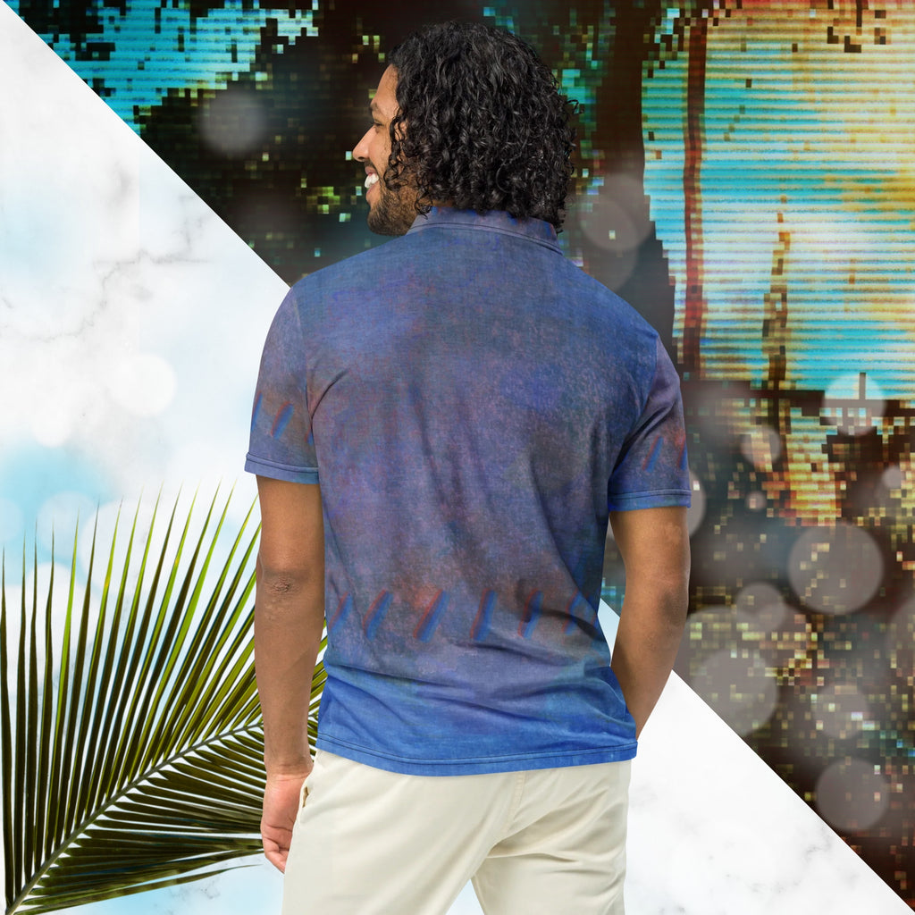 Primarily blue all over print polo shirt with accents of orange and violet with an abstract pattern resembling a painted canvas viewed through an old CRT TV set with a and of out of focus slashes across the mid torso and around the sleeves