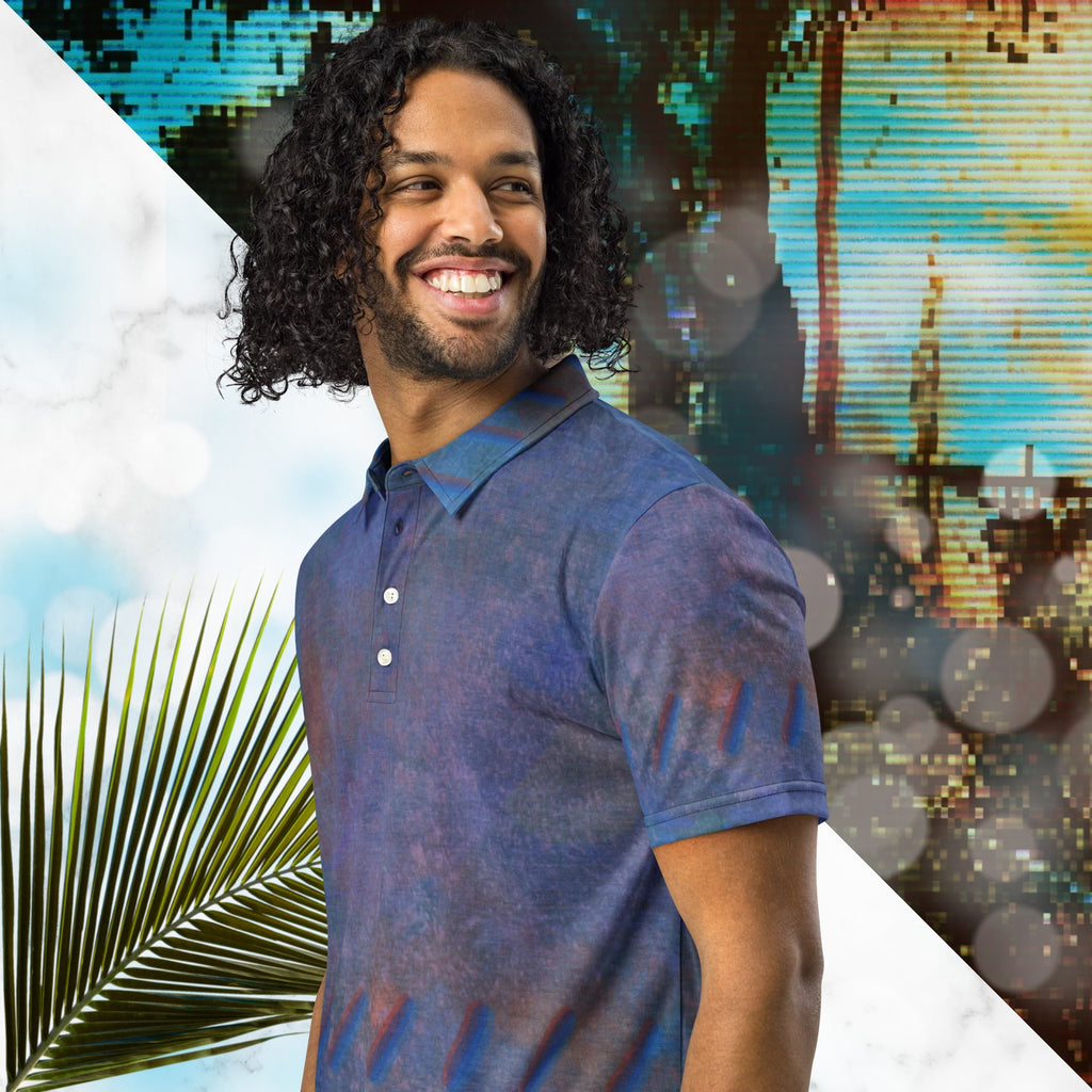 Primarily blue all over print polo shirt with accents of orange and violet with an abstract pattern resembling a painted canvas viewed through an old CRT TV set with a and of out of focus slashes across the mid torso and around the sleeves