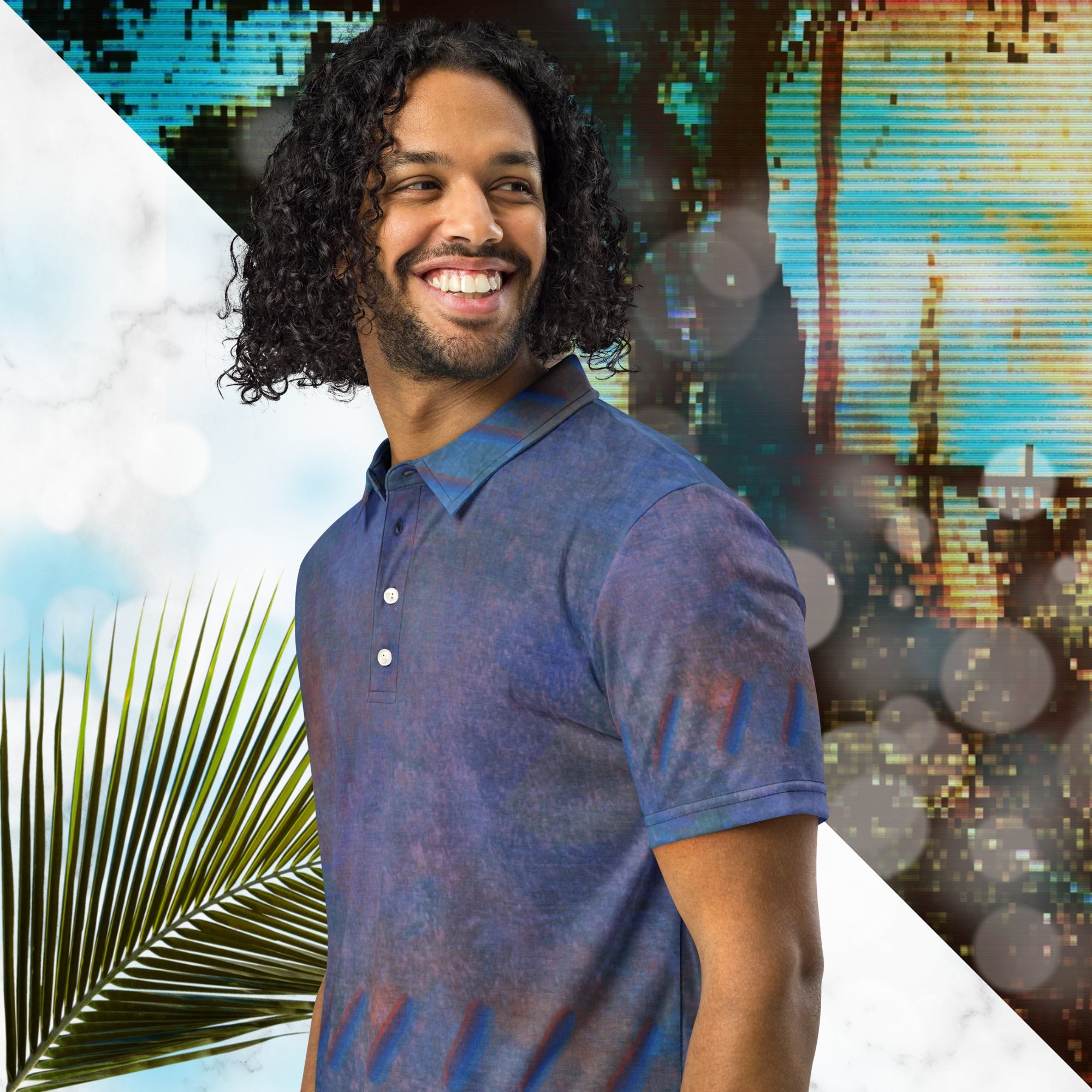 Primarily blue all over print polo shirt with accents of orange and violet with an abstract pattern resembling a painted canvas viewed through an old CRT TV set with a and of out of focus slashes across the mid torso and around the sleeves