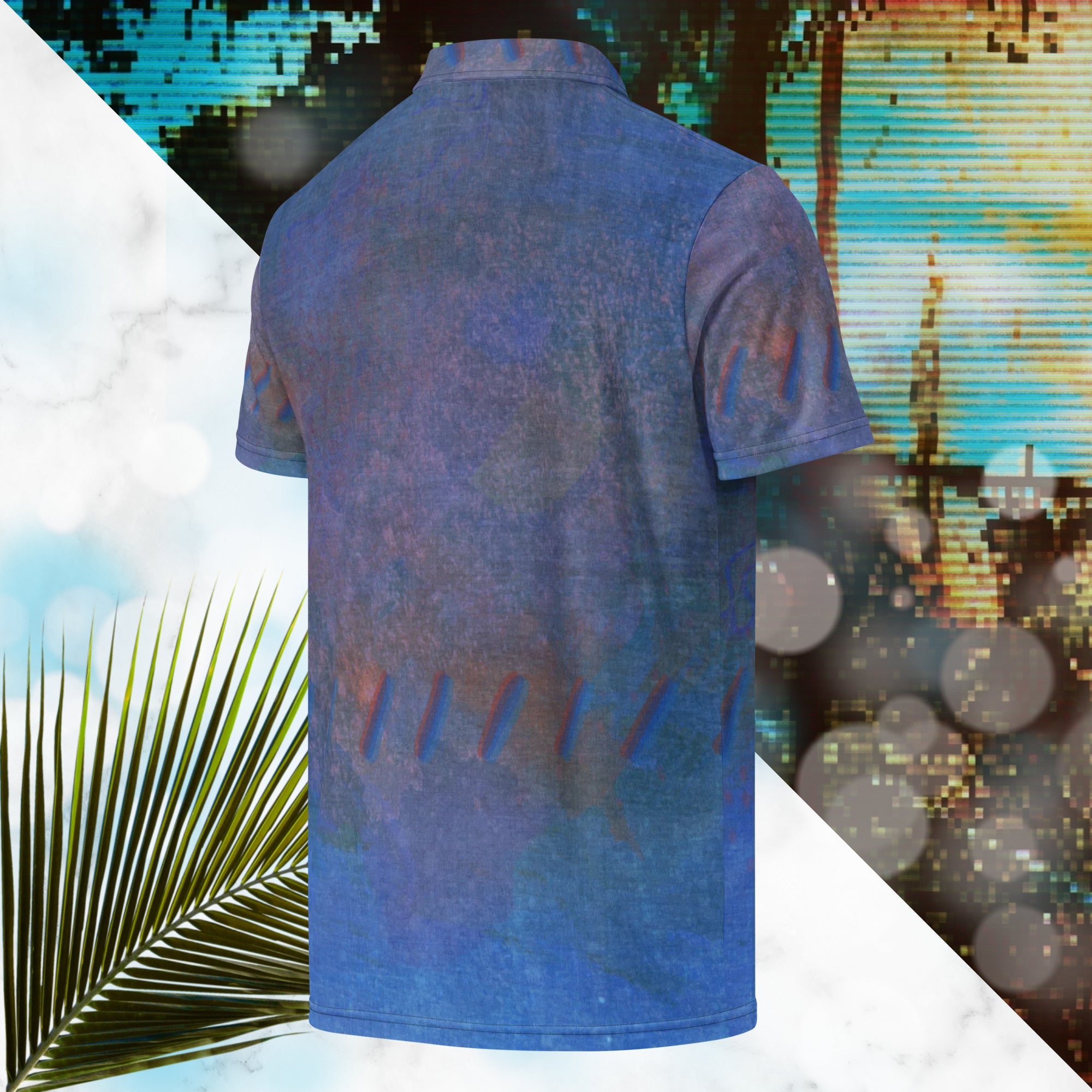 Primarily blue all over print polo shirt with accents of orange and violet with an abstract pattern resembling a painted canvas viewed through an old CRT TV set with a and of out of focus slashes across the mid torso and around the sleeves
