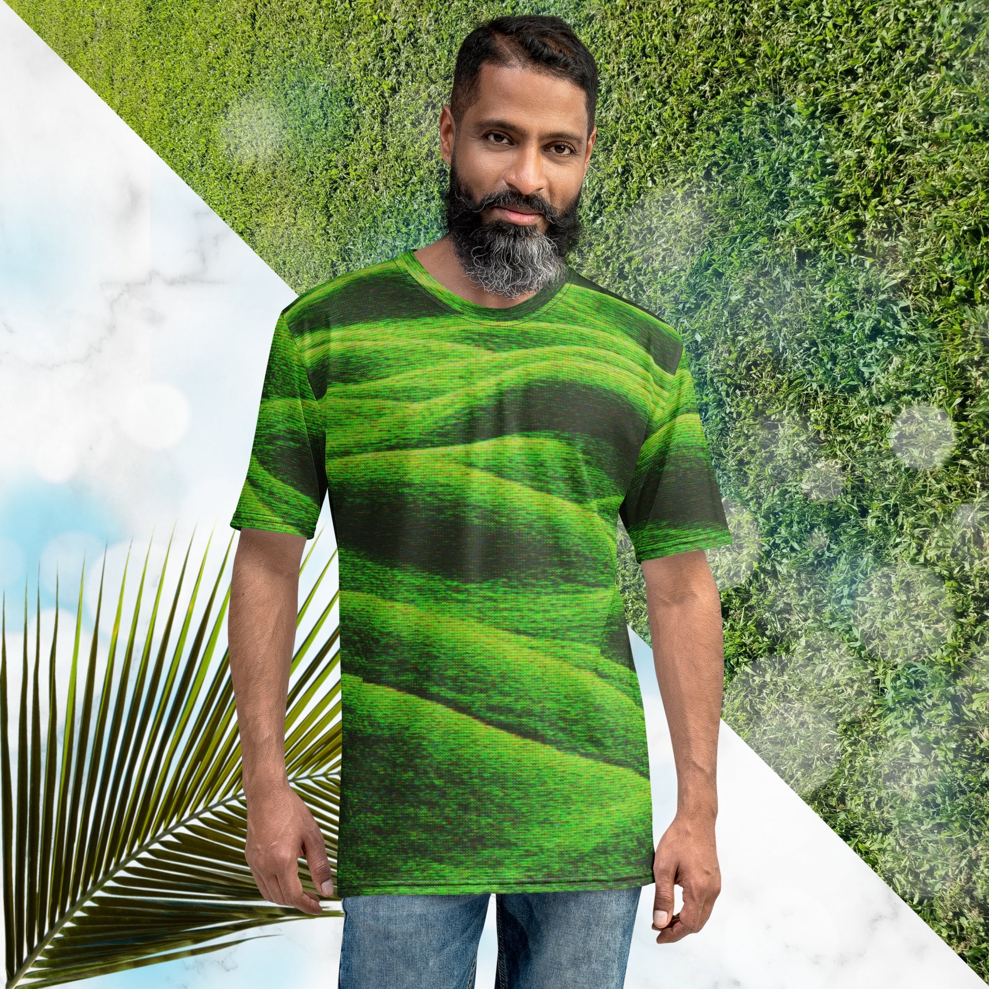 Green and black all over print graphic t-shirt depicting grass covered green rolling hills and their shadows overlayed with detailed v h s and retro t v distortion 