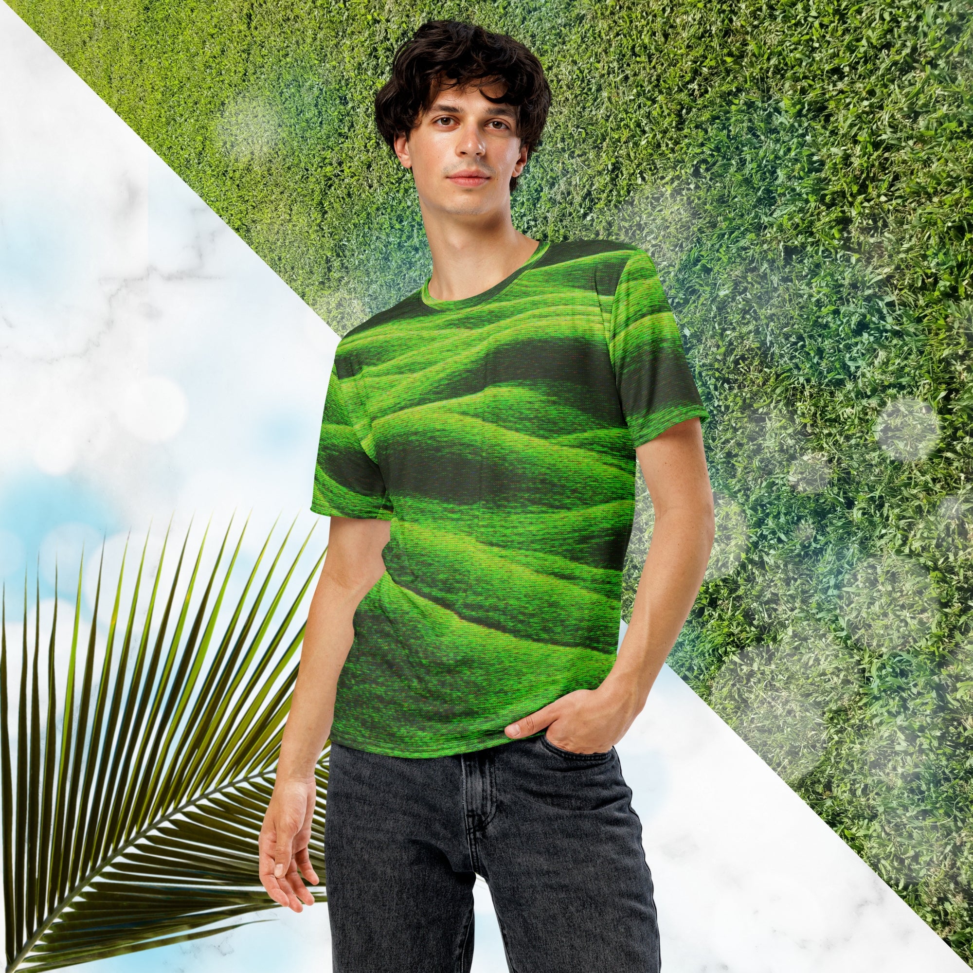 Green and black all over print graphic t-shirt depicting grass covered green rolling hills and their shadows overlayed with detailed v h s and retro t v distortion 
