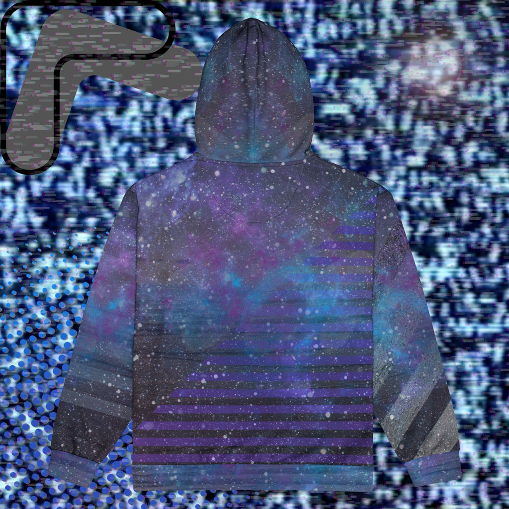 Multicolored all over print zip hoodie depicting galaxies nebula and stars with turquoise blue and purple space clouds transparent white diagonal and horizontal bars on sleeves a grade of purple bars on front and back with detailed v h s distortion and scanlines