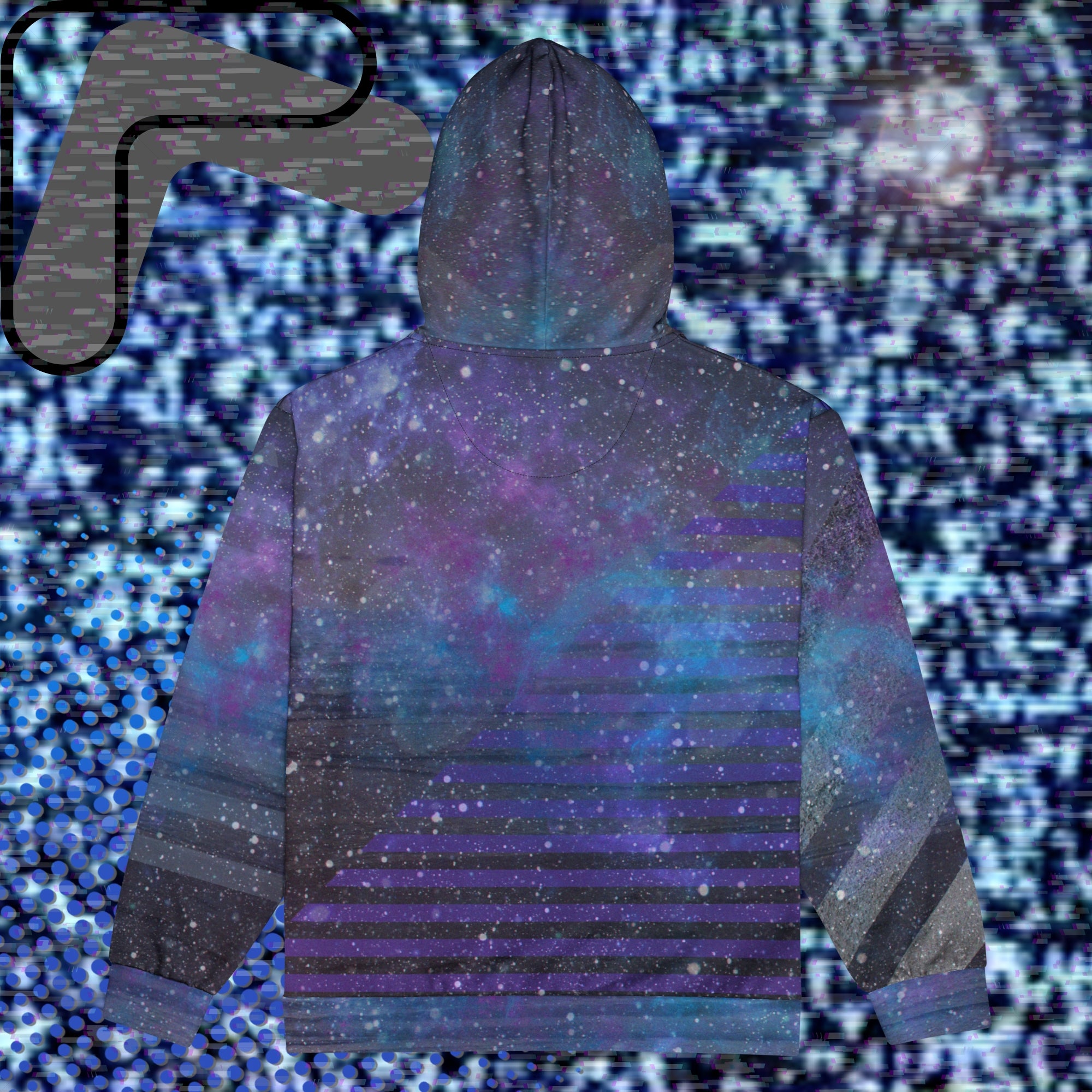 Multicolored all over print zip hoodie depicting galaxies nebula and stars with turquoise blue and purple space clouds transparent white diagonal and horizontal bars on sleeves a grade of purple bars on front and back with detailed v h s distortion and scanlines