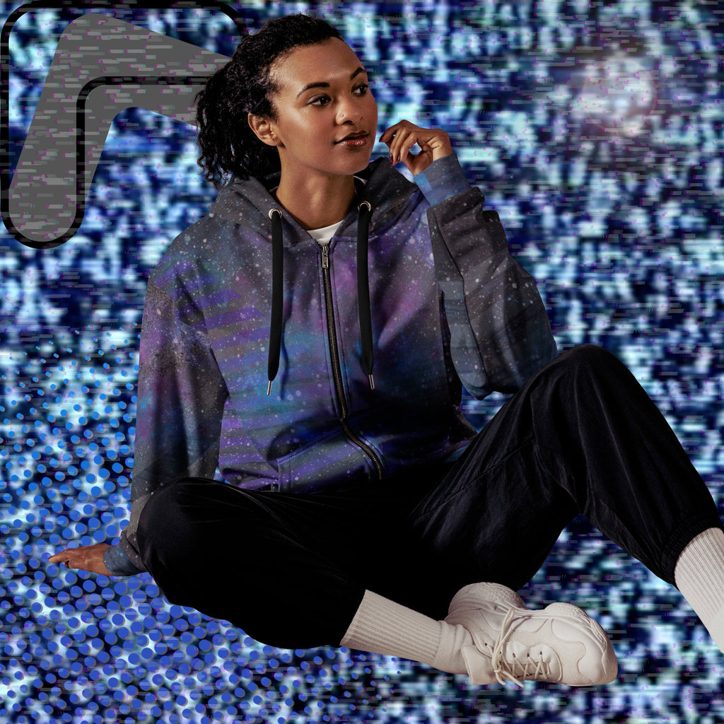 Multicolored all over print zip hoodie depicting galaxies nebula and stars with turquoise blue and purple space clouds transparent white diagonal and horizontal bars on sleeves a grade of purple bars on front and back with detailed v h s distortion and scanlines
