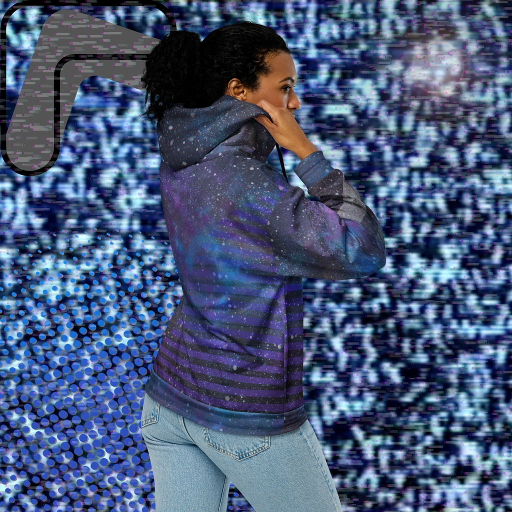 Multicolored all over print zip hoodie depicting galaxies nebula and stars with turquoise blue and purple space clouds transparent white diagonal and horizontal bars on sleeves a grade of purple bars on front and back with detailed v h s distortion and scanlines