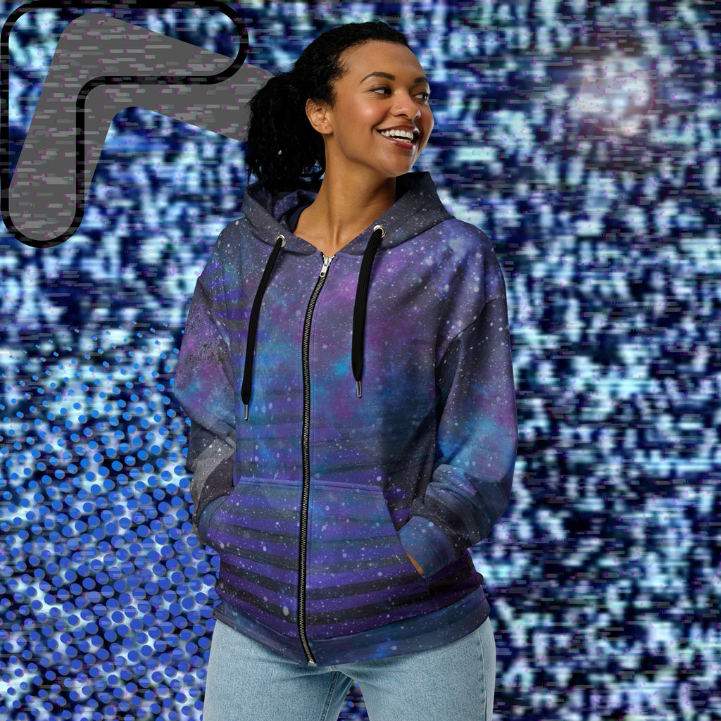 Multicolored all over print zip hoodie depicting galaxies nebula and stars with turquoise blue and purple space clouds transparent white diagonal and horizontal bars on sleeves a grade of purple bars on front and back with detailed v h s distortion and scanlines