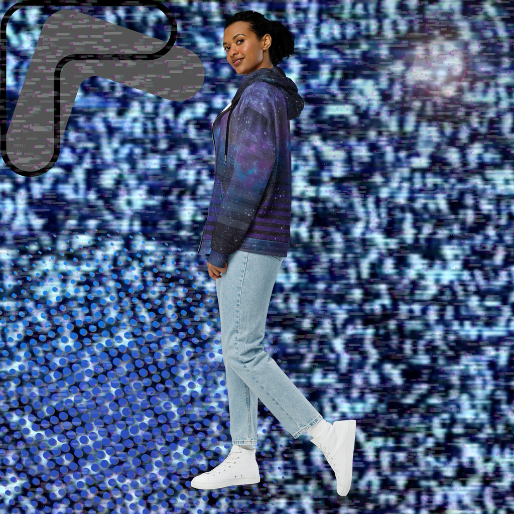 Multicolored all over print zip hoodie depicting galaxies nebula and stars with turquoise blue and purple space clouds transparent white diagonal and horizontal bars on sleeves a grade of purple bars on front and back with detailed v h s distortion and scanlines