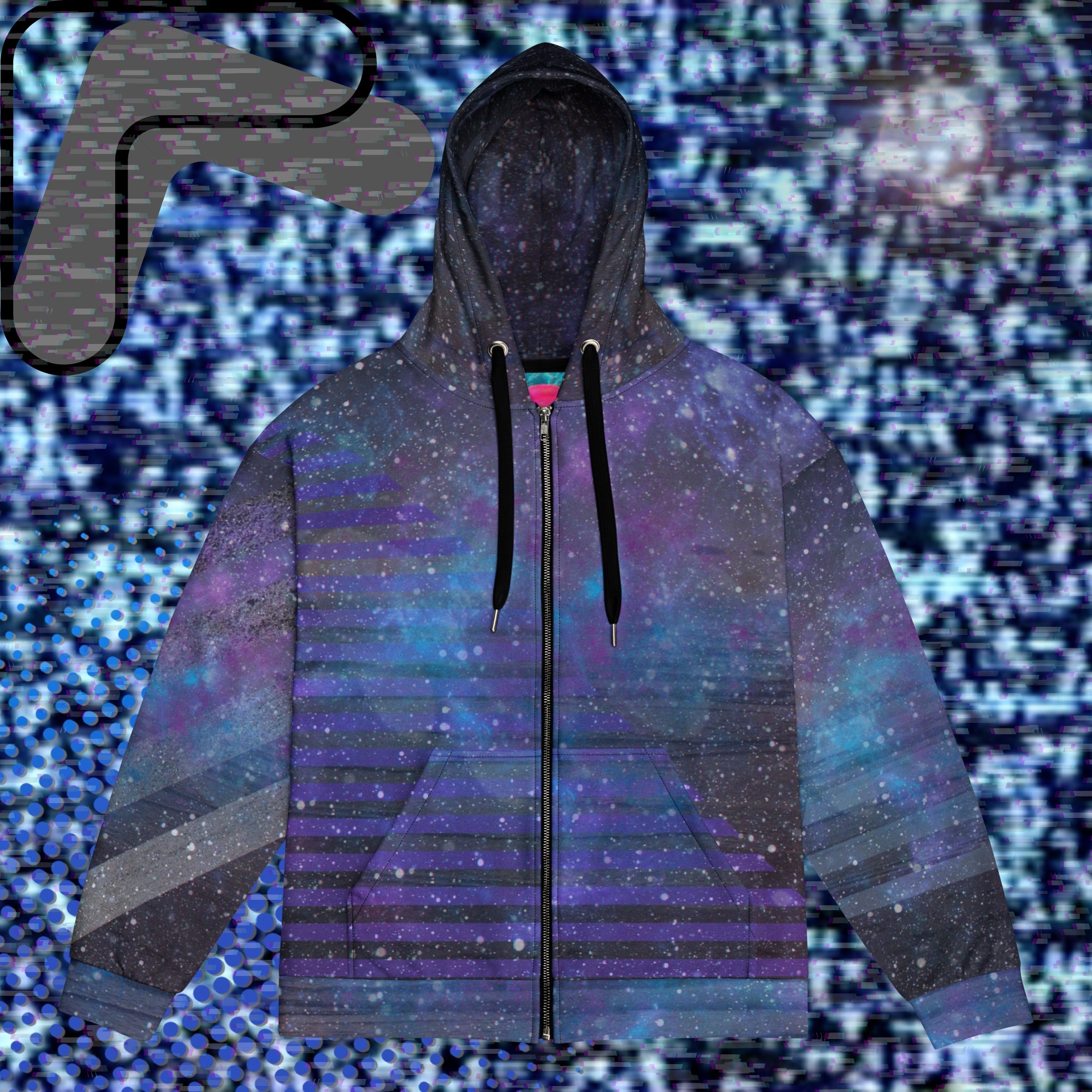 Multicolored all over print zip hoodie depicting galaxies nebula and stars with turquoise blue and purple space clouds transparent white diagonal and horizontal bars on sleeves a grade of purple bars on front and back with detailed v h s distortion and scanlines