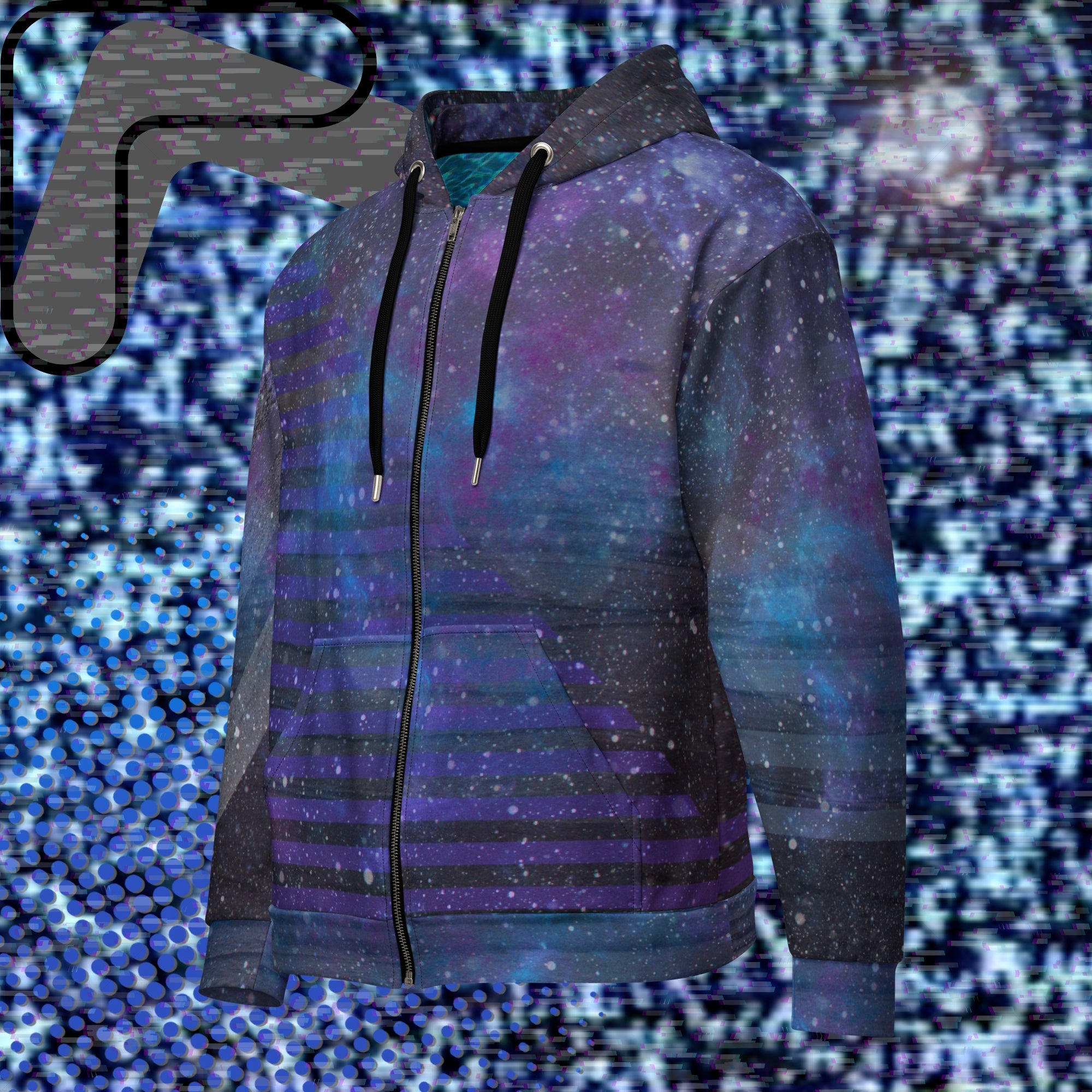 Multicolored all over print zip hoodie depicting galaxies nebula and stars with turquoise blue and purple space clouds transparent white diagonal and horizontal bars on sleeves a grade of purple bars on front and back with detailed v h s distortion and scanlines