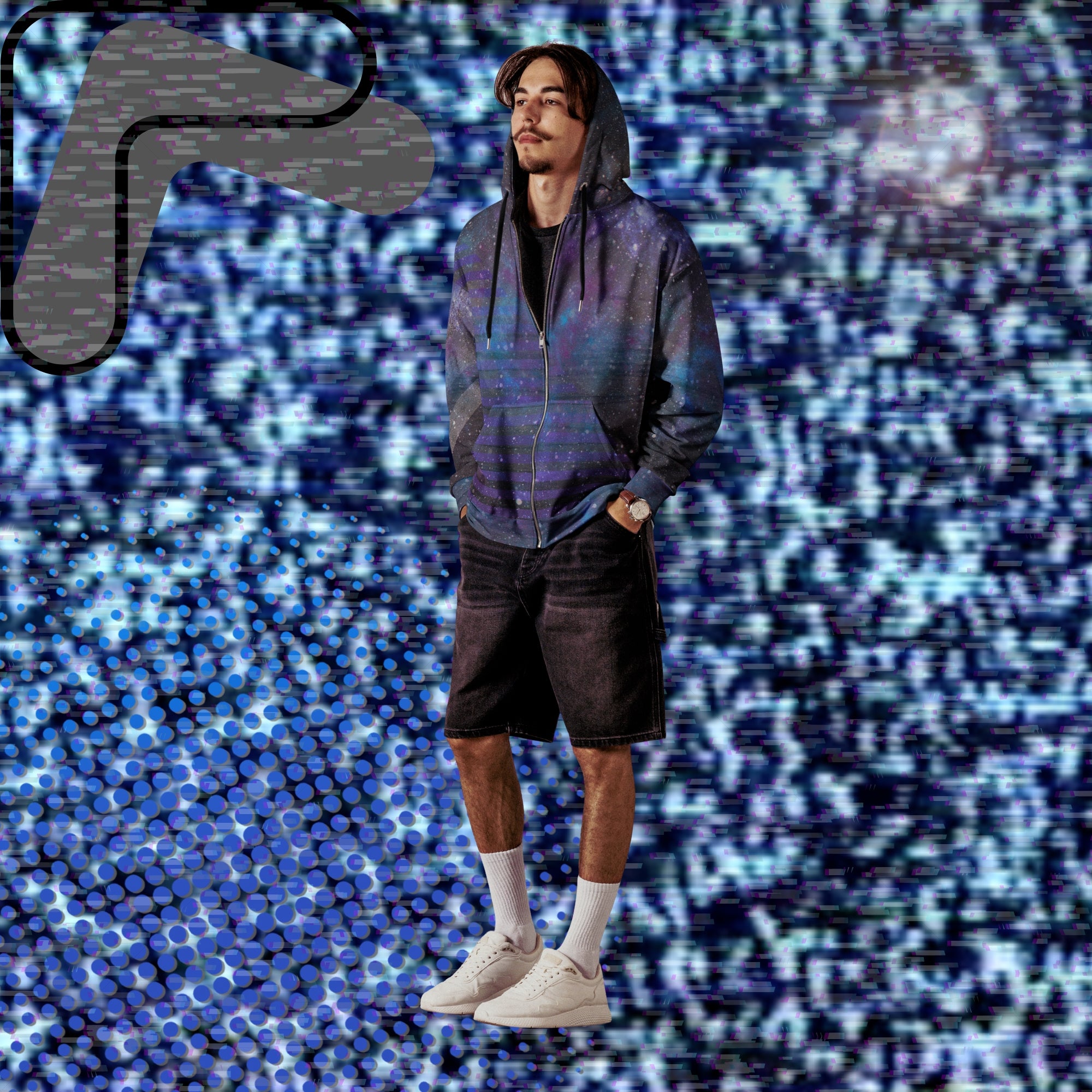 Multicolored all over print zip hoodie depicting galaxies nebula and stars with turquoise blue and purple space clouds transparent white diagonal and horizontal bars on sleeves a grade of purple bars on front and back with detailed v h s distortion and scanlines