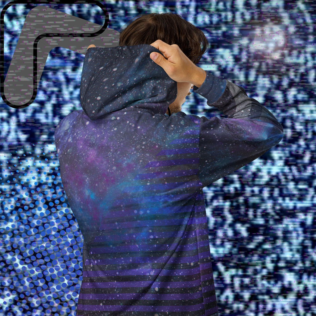 Multicolored all over print zip hoodie depicting galaxies nebula and stars with turquoise blue and purple space clouds transparent white diagonal and horizontal bars on sleeves a grade of purple bars on front and back with detailed v h s distortion and scanlines