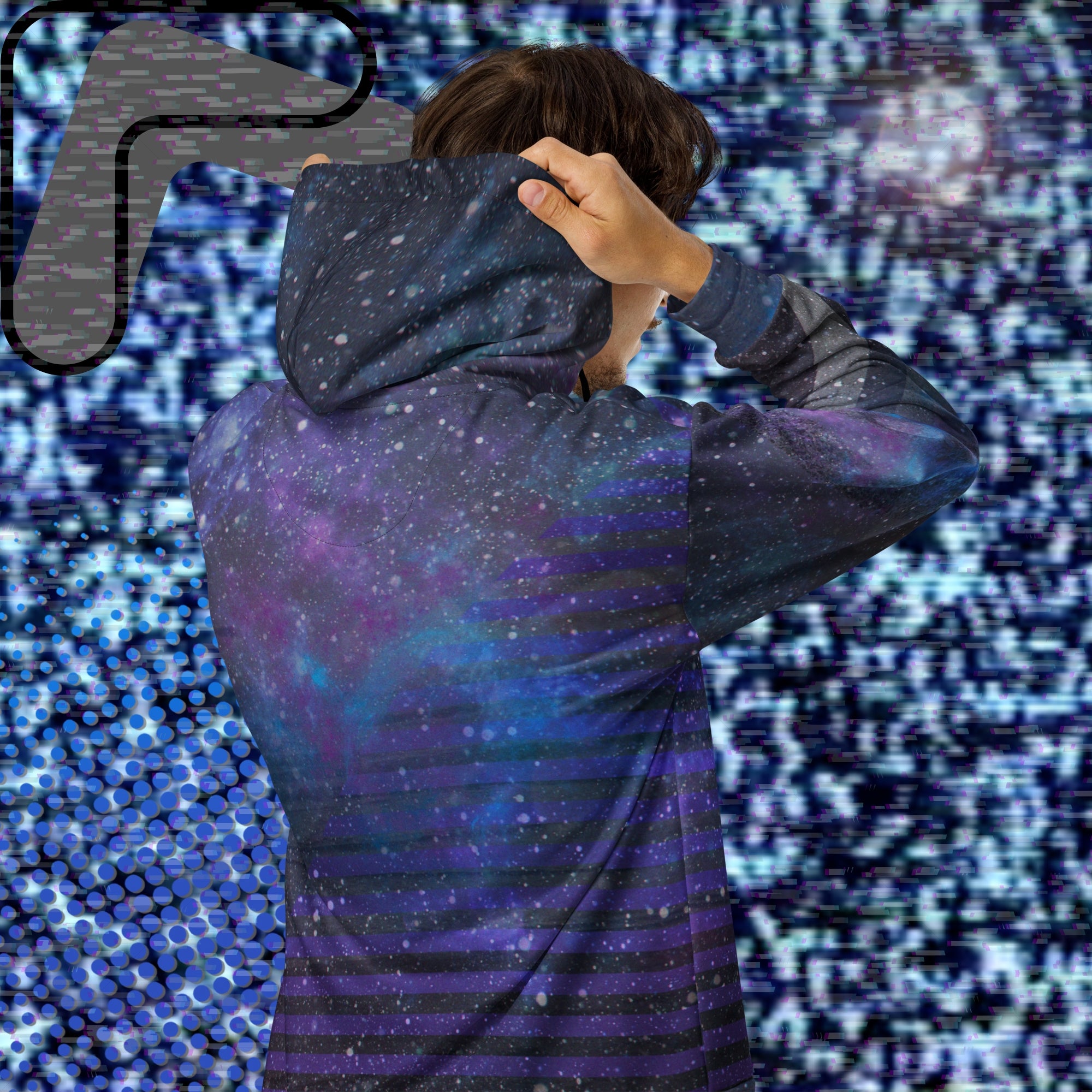 Multicolored all over print zip hoodie depicting galaxies nebula and stars with turquoise blue and purple space clouds transparent white diagonal and horizontal bars on sleeves a grade of purple bars on front and back with detailed v h s distortion and scanlines