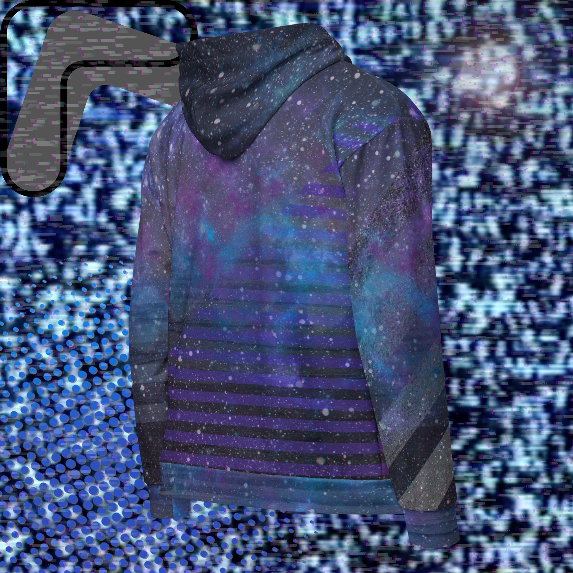 Multicolored all over print zip hoodie depicting galaxies nebula and stars with turquoise blue and purple space clouds transparent white diagonal and horizontal bars on sleeves a grade of purple bars on front and back with detailed v h s distortion and scanlines
