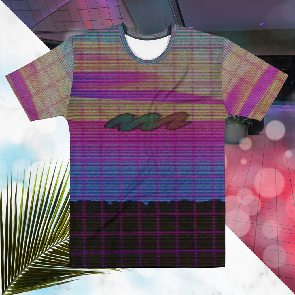 Multicolored all over print graphic t-shirt depicting a retro style grainy c g i image of a pink orange and yellow sunset with visible blue sky at the top sunset over pink to blue gradient water with a foreground of a black rocky cliff overlayed with a pink blurry grid and detailed v h s scanlines and distortion and a neon pools retro zigzag