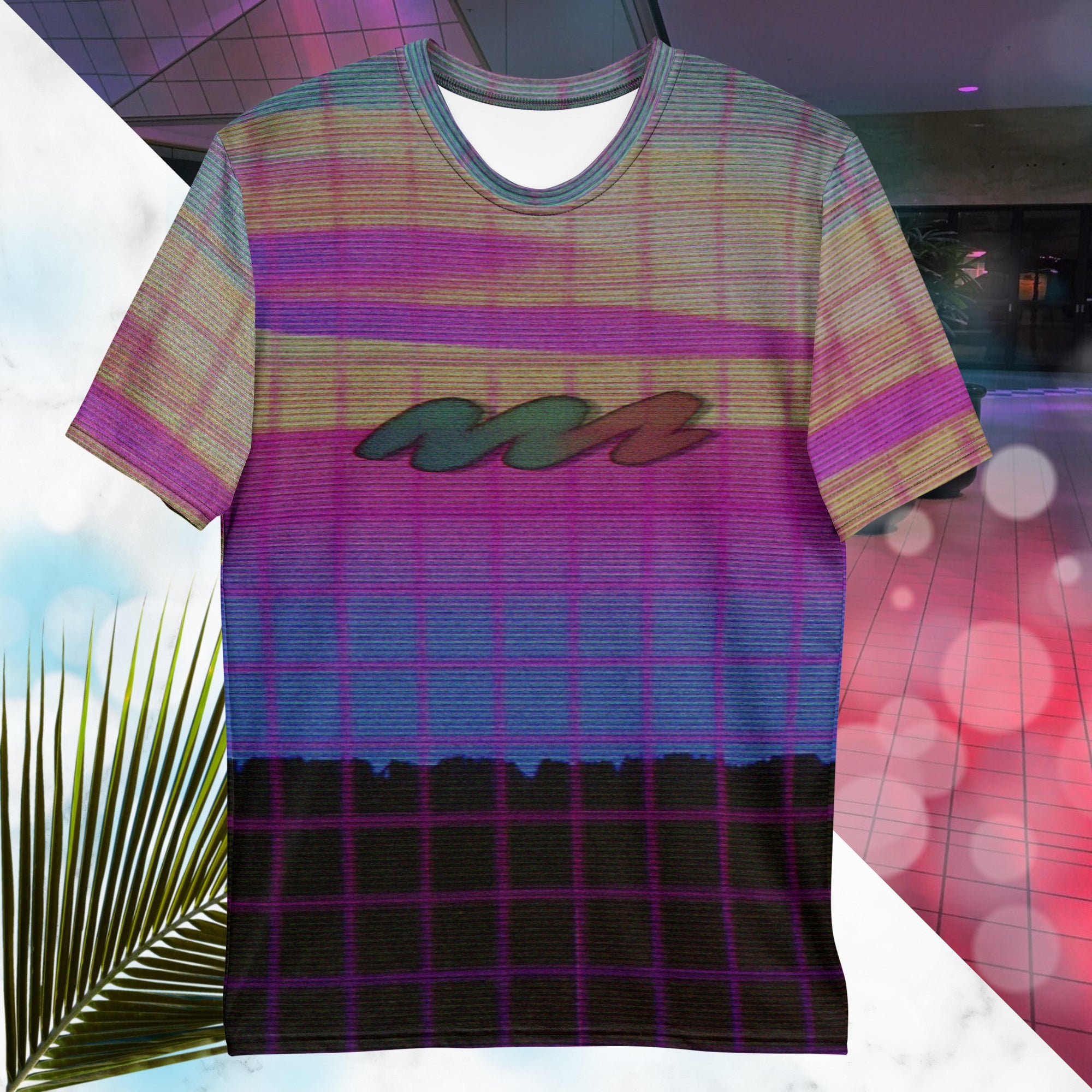 Multicolored all over print graphic t-shirt depicting a retro style grainy c g i image of a pink orange and yellow sunset with visible blue sky at the top sunset over pink to blue gradient water with a foreground of a black rocky cliff overlayed with a pink blurry grid and detailed v h s scanlines and distortion and a neon pools retro zigzag