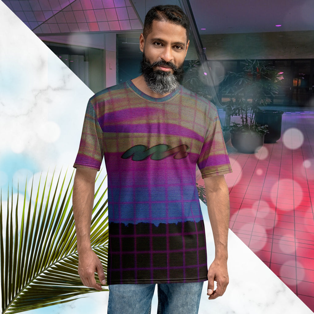 Multicolored all over print graphic t-shirt depicting a retro style grainy c g i image of a pink orange and yellow sunset with visible blue sky at the top sunset over pink to blue gradient water with a foreground of a black rocky cliff overlayed with a pink blurry grid and detailed v h s scanlines and distortion and a neon pools retro zigzag