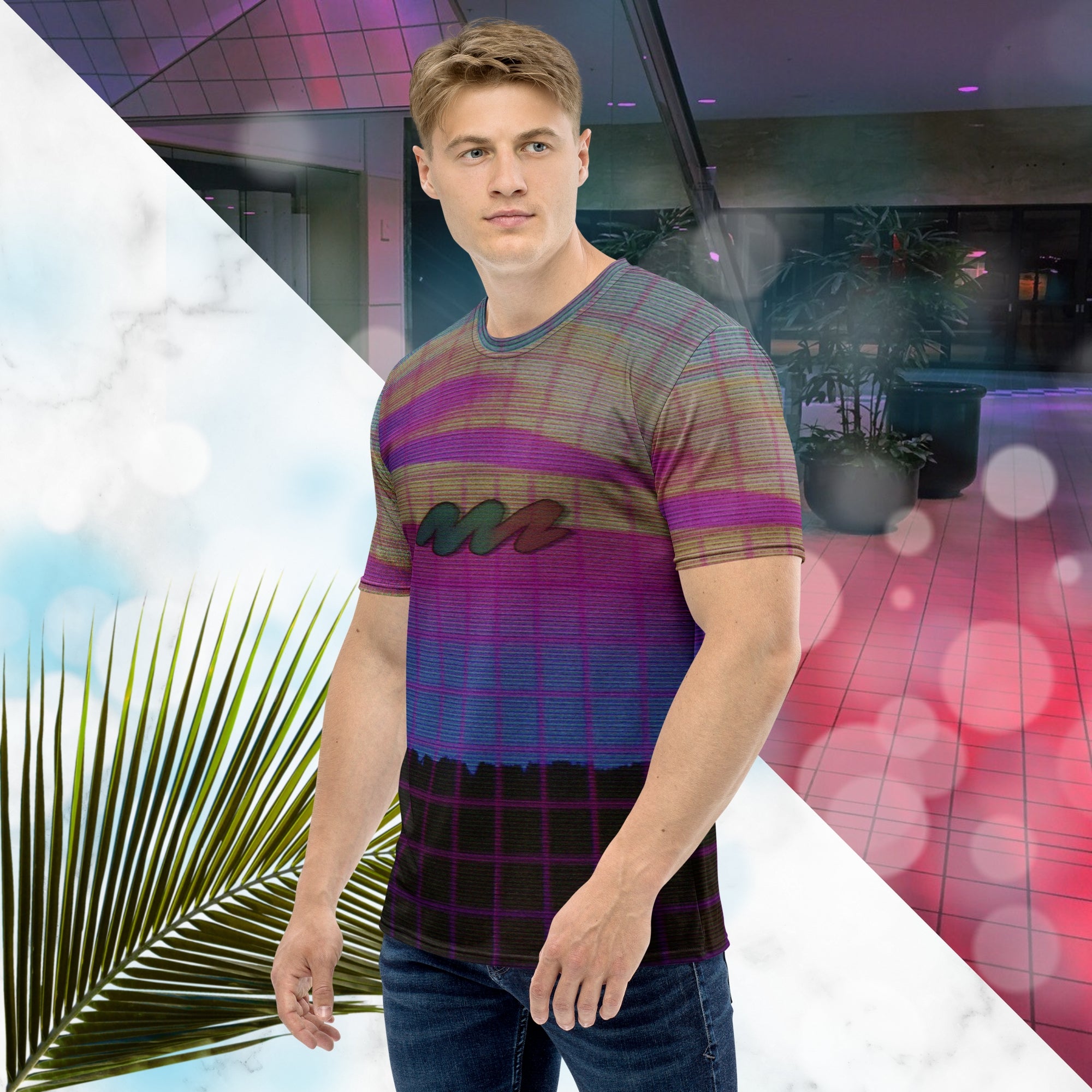 Multicolored all over print graphic t-shirt depicting a retro style grainy c g i image of a pink orange and yellow sunset with visible blue sky at the top sunset over pink to blue gradient water with a foreground of a black rocky cliff overlayed with a pink blurry grid and detailed v h s scanlines and distortion and a neon pools retro zigzag
