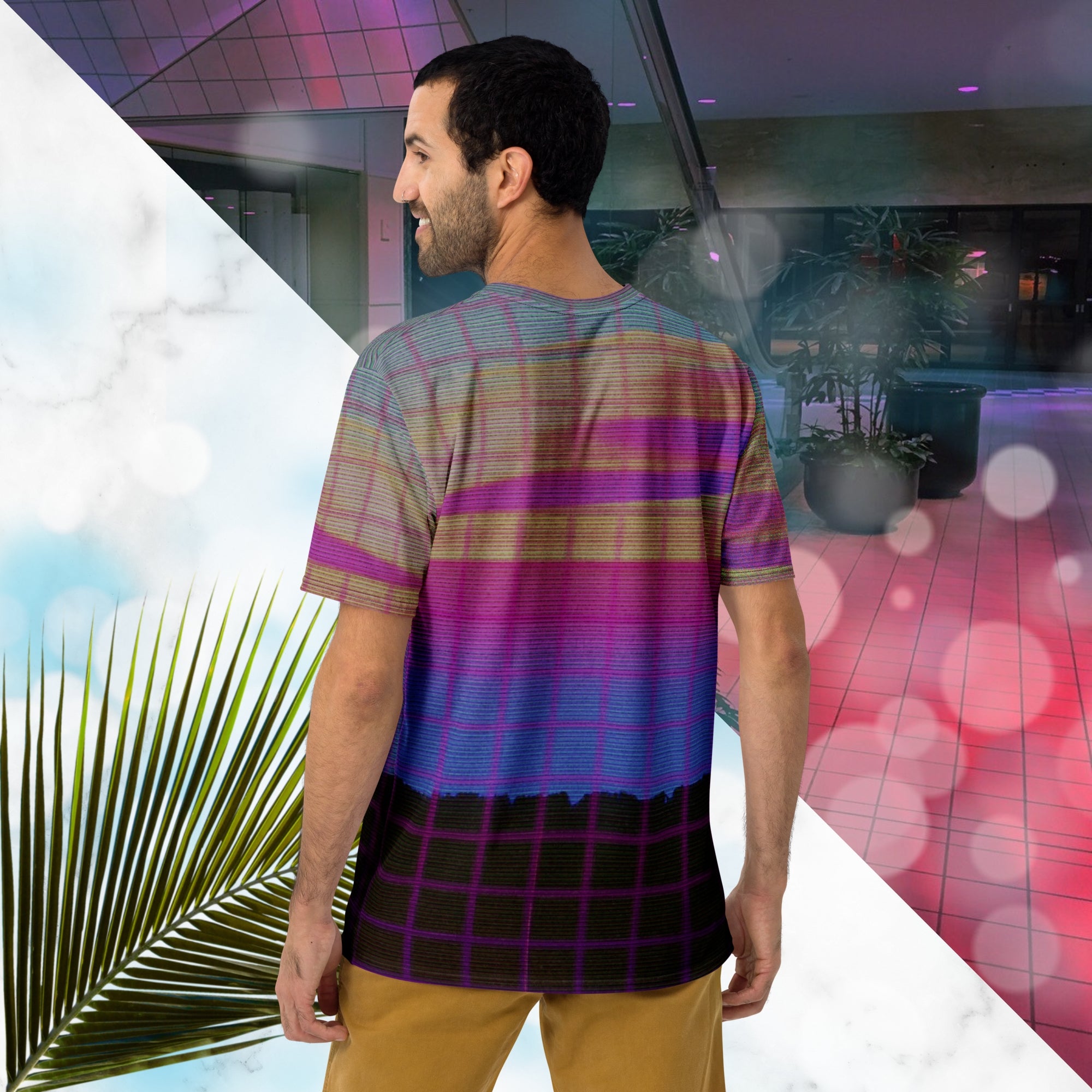 Multicolored all over print graphic t-shirt depicting a retro style grainy c g i image of a pink orange and yellow sunset with visible blue sky at the top sunset over pink to blue gradient water with a foreground of a black rocky cliff overlayed with a pink blurry grid and detailed v h s scanlines and distortion and a neon pools retro zigzag