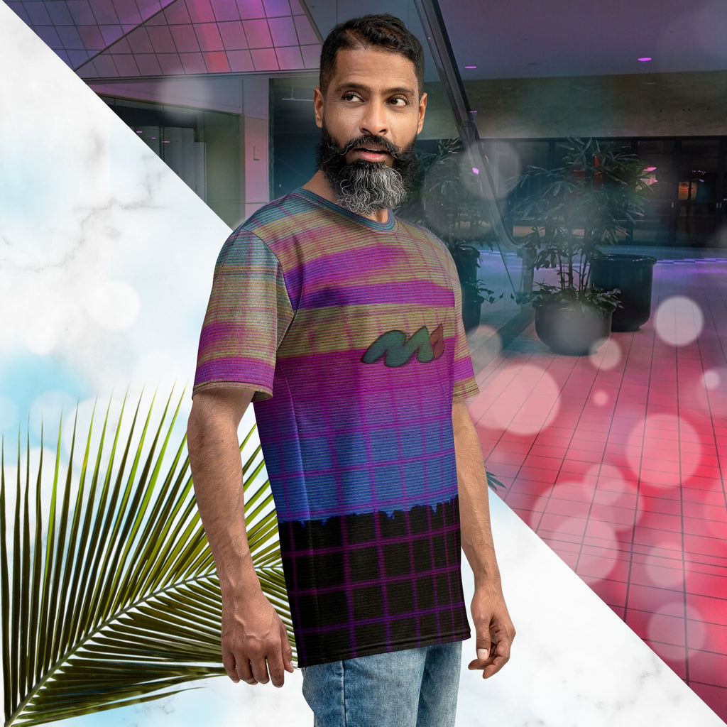 Multicolored all over print graphic t-shirt depicting a retro style grainy c g i image of a pink orange and yellow sunset with visible blue sky at the top sunset over pink to blue gradient water with a foreground of a black rocky cliff overlayed with a pink blurry grid and detailed v h s scanlines and distortion and a neon pools retro zigzag