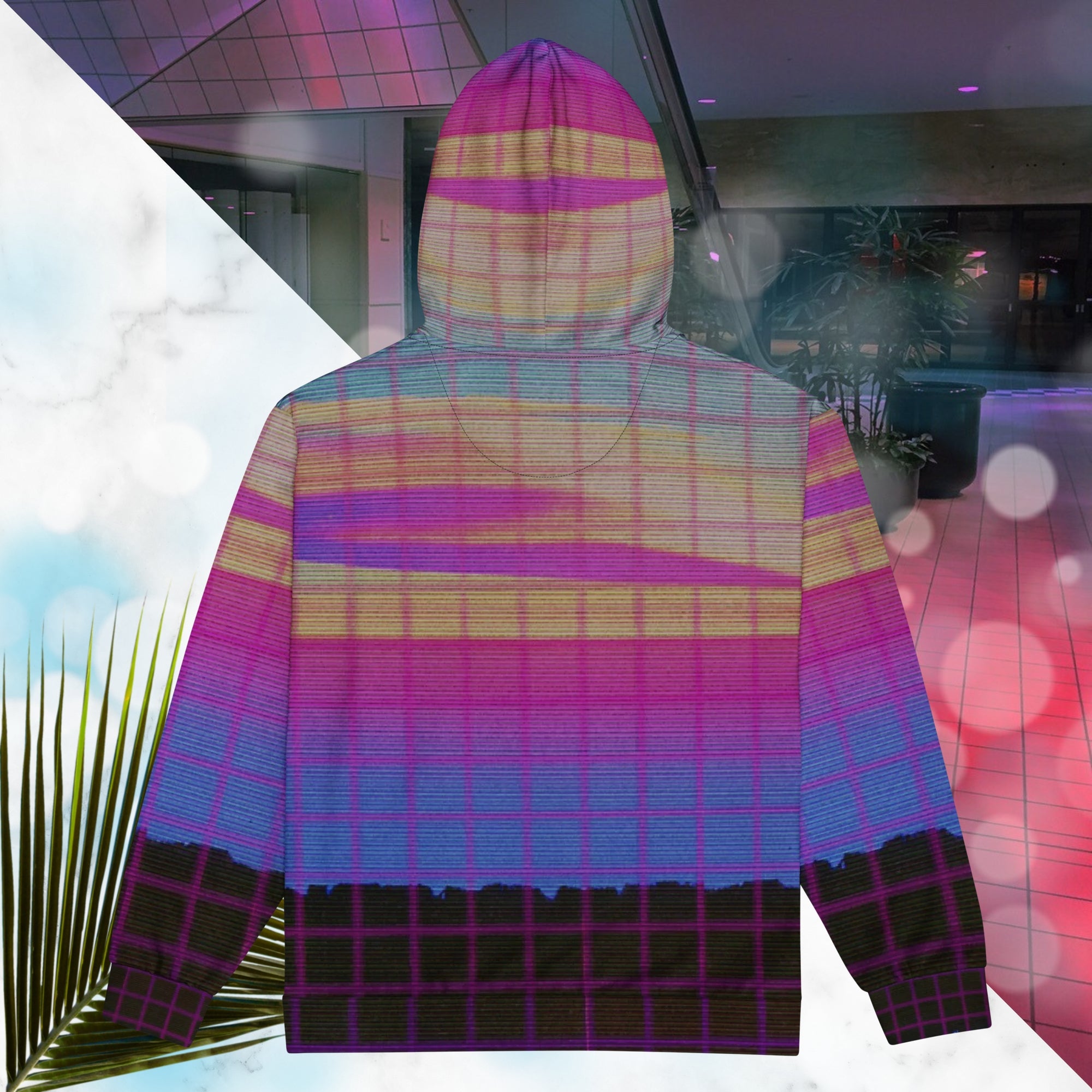 Multicolor all over print zip hoodie with digital ocean sunset water fades rom blue to pink black rocky cliff at bottom overlayed with pink grid and Neon Pools abstract zigzag on front with detailed grainy VHS CRT TV distortion and neon blue and darkened version of same image in inner hood