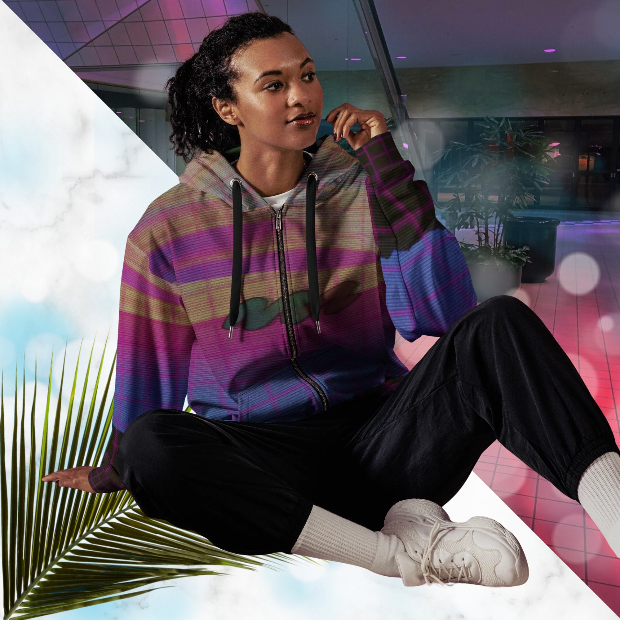 Multicolor all over print zip hoodie with digital ocean sunset water fades rom blue to pink black rocky cliff at bottom overlayed with pink grid and Neon Pools abstract zigzag on front with detailed grainy VHS CRT TV distortion and neon blue and darkened version of same image in inner hood