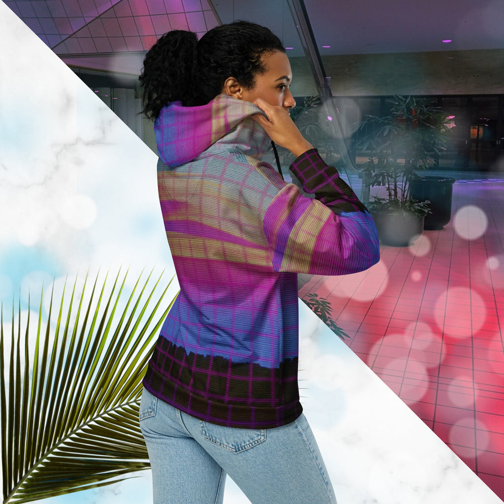 Multicolor all over print zip hoodie with digital ocean sunset water fades rom blue to pink black rocky cliff at bottom overlayed with pink grid and Neon Pools abstract zigzag on front with detailed grainy VHS CRT TV distortion and neon blue and darkened version of same image in inner hood