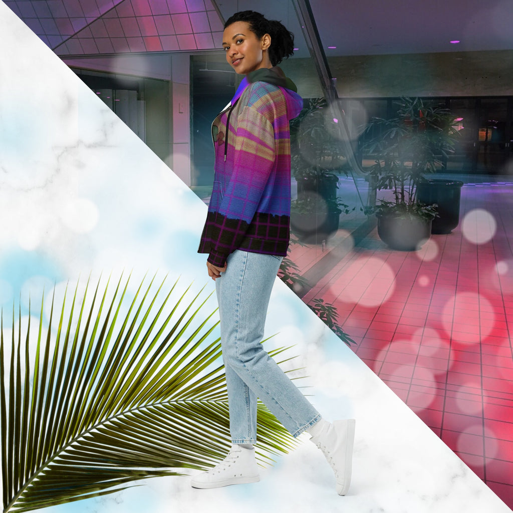 Multicolor all over print zip hoodie with digital ocean sunset water fades rom blue to pink black rocky cliff at bottom overlayed with pink grid and Neon Pools abstract zigzag on front with detailed grainy VHS CRT TV distortion and neon blue and darkened version of same image in inner hood